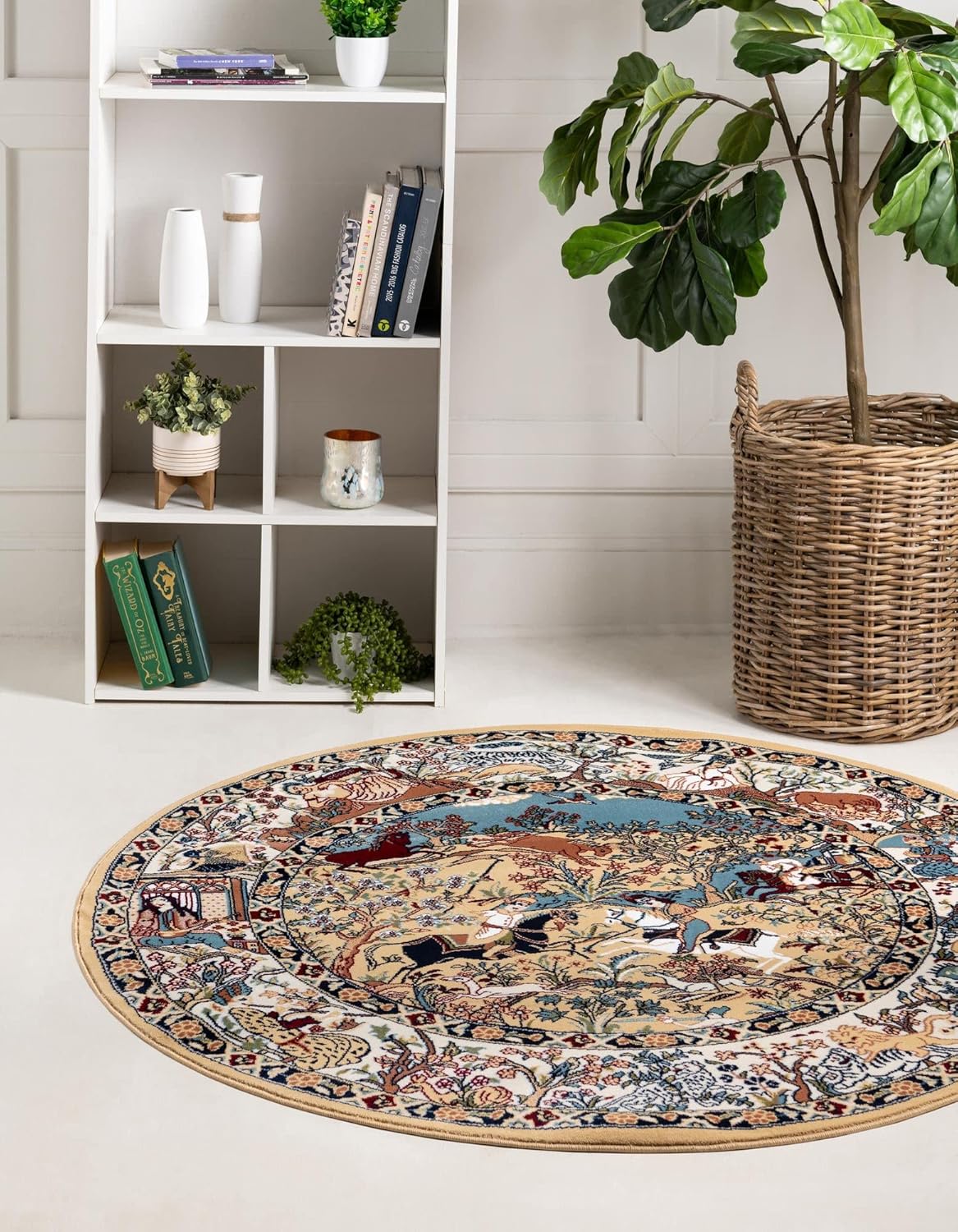 Round Tan and Blue Synthetic Stain-Resistant Area Rug