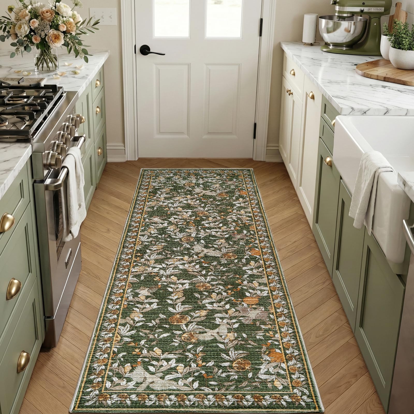 Tapis de salon vert orangé 60x180 cm moderne et lavable TOPICK