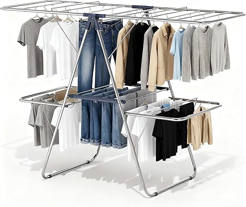 KINGBOARD Tendedero de secado de ropa de acero inoxidable con 4 alas, altura ajustable, plegable, para uso en interiores y exteriores, 56.5 x 39.4 x