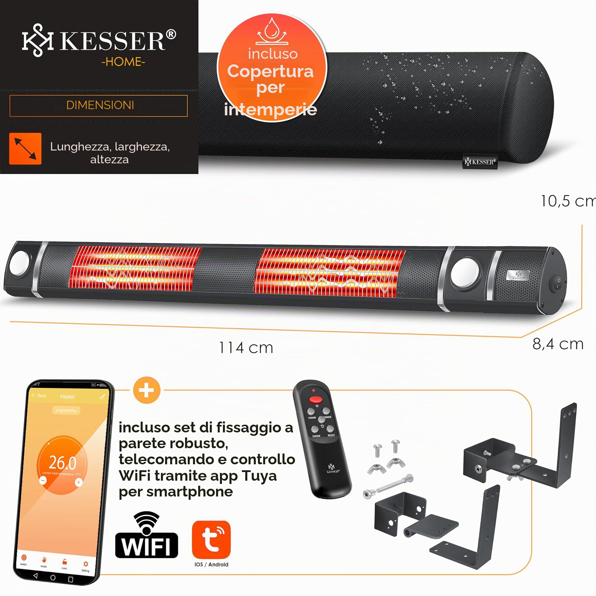 KESSER Stufa a infrarossi, 3000 W, con luce a LED e telecomando, con custodia protettiva a infrarossi, riscaldatore a infrarossi, riscaldatore da parete