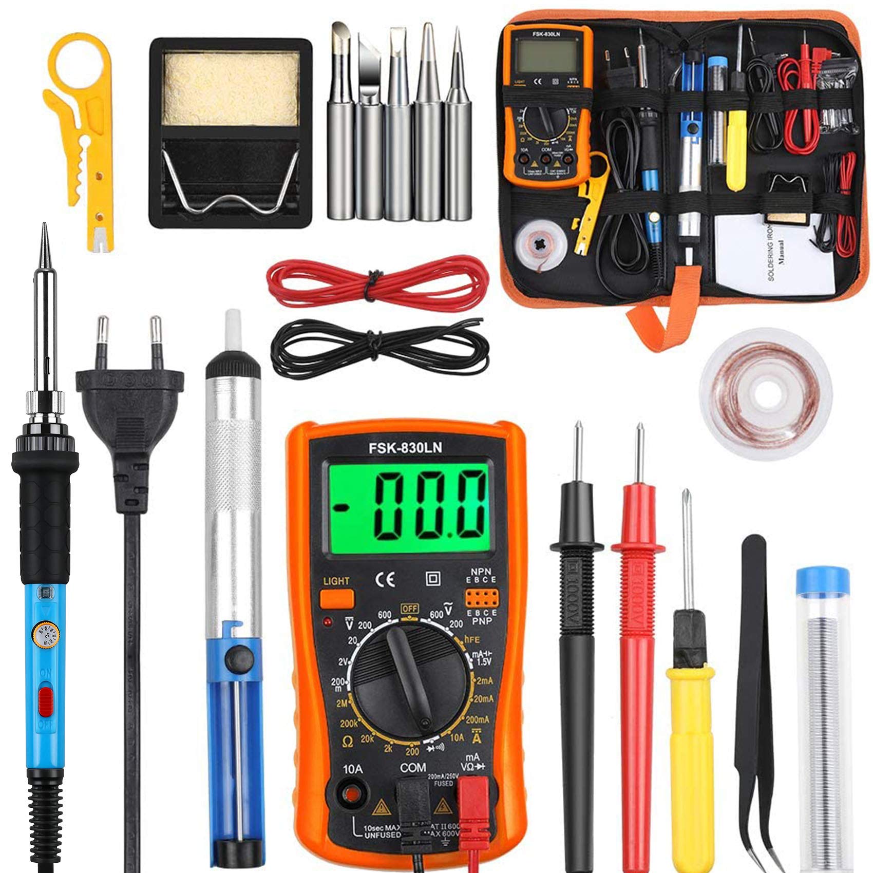 Fer à Souder Kit, 60W, Temperature Réglable de 200~450℃, Multimètre, 5PCS Conseils de soudage, Pompe à Dessouder, Fil de Soudure, Pincettes, Tournevis, Dénudeur de Fil, Support