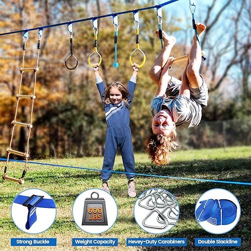 Miniatura 3 de Carrera de obstáculos Ninja Warrior para niños capacidad de peso de 600 libras línea de holgura de 2 x 56 pies con 8 accesorios Ninja - Barra de