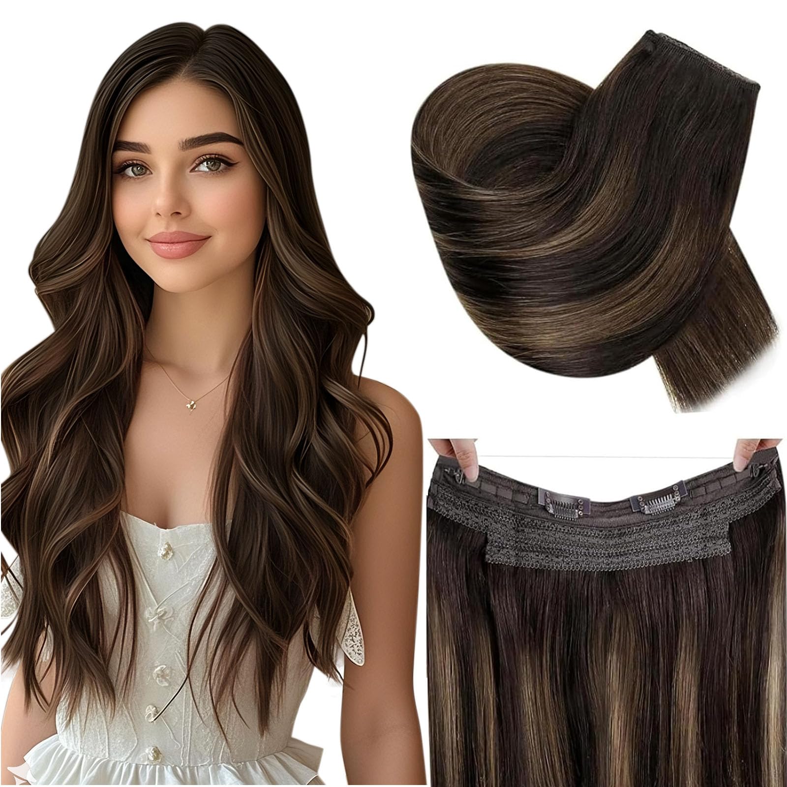 RUNATURE Draht Extensions Echthaar Braun Balayage 40cm 80g #2/2/6 | Verstellbarer Draht Mit Remy Haar – Hitzebeständig, Pflegeleicht. Glatter Balayage-Verlauf, Verhedderfrei, Seidig.