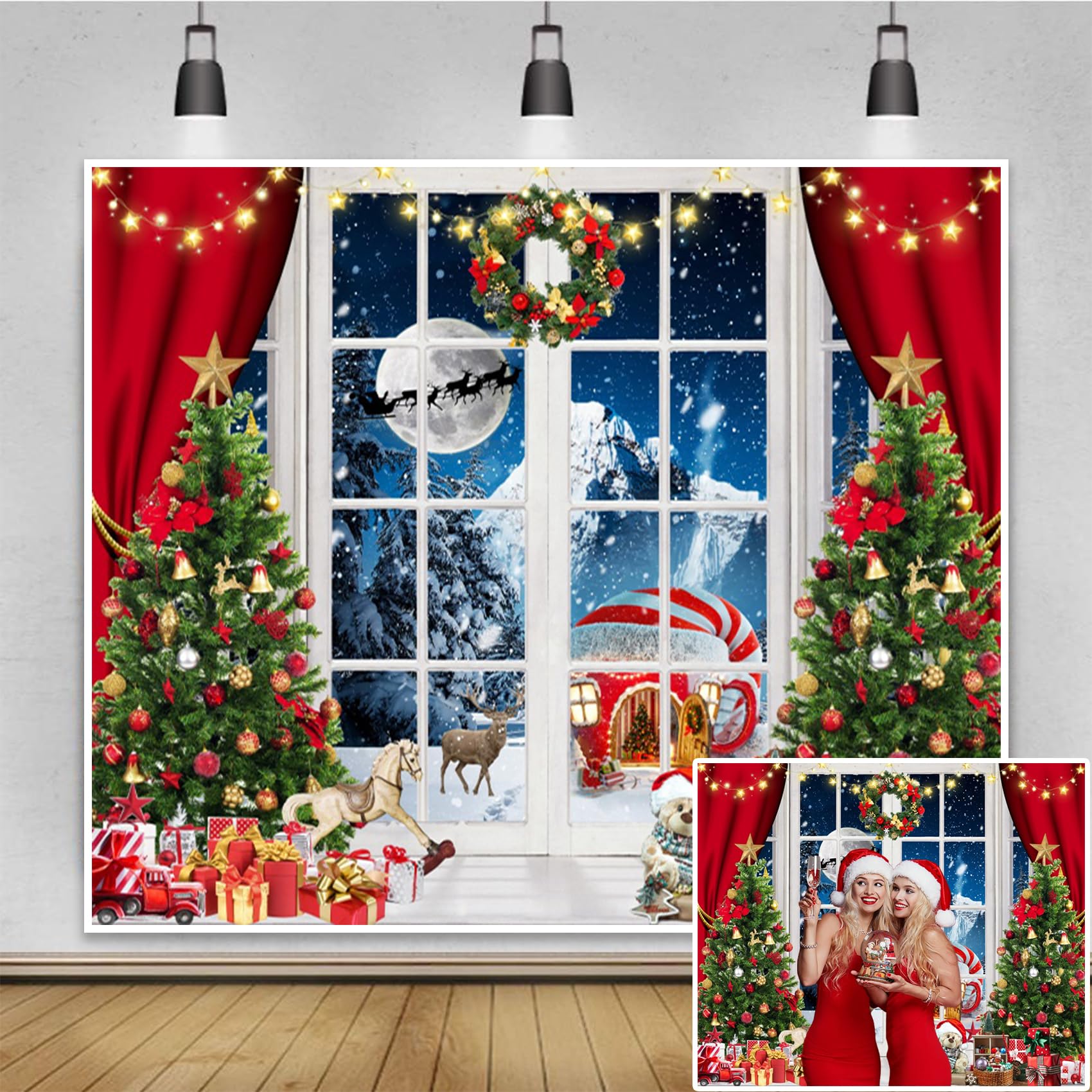 Renaiss 10x8ft Christmas Window Backdrop Xmas Wreath Tree Print Photography Background Snowy Scene Winter Xmas Party Holiday Photobooth Banner