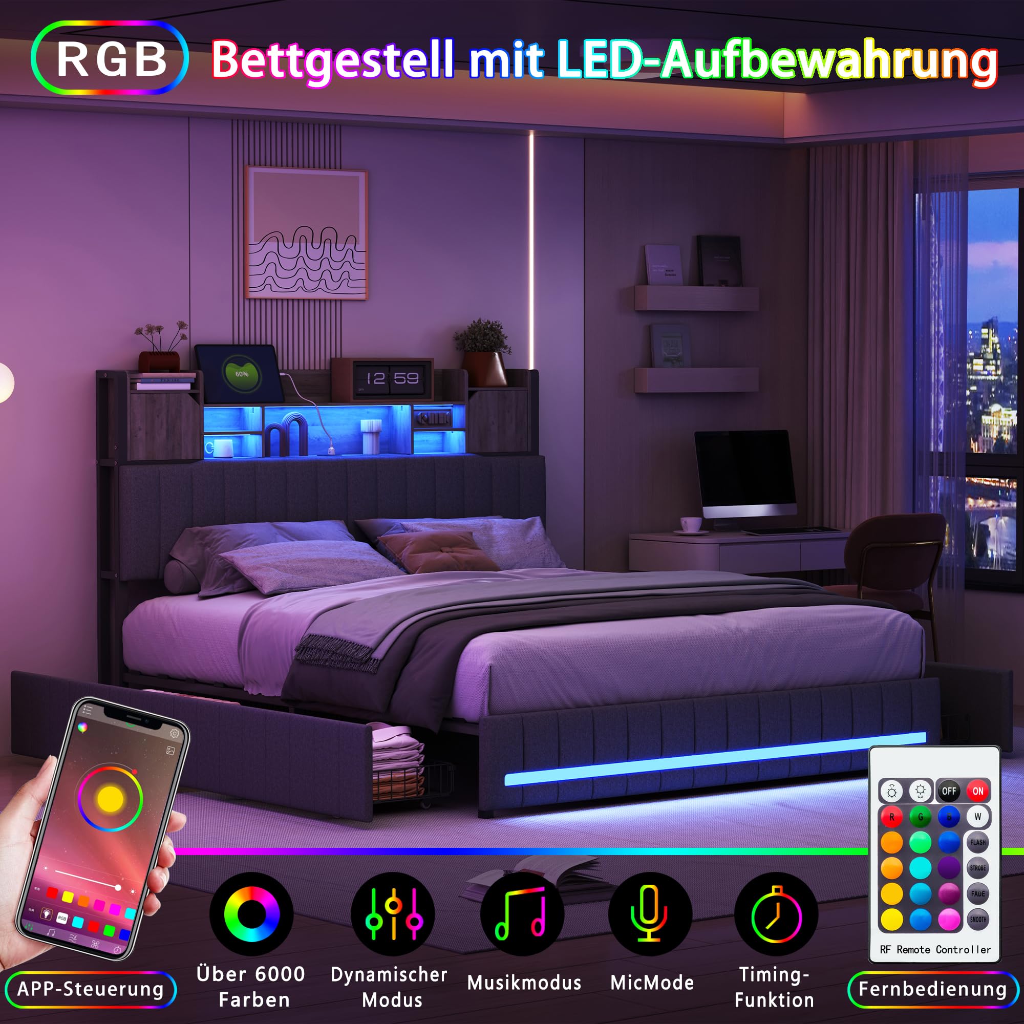 Letto 140 x 200 cm, letto matrimoniale 140 x 200 cm, con illuminazione a LED e presa 4 cassetti, letti imbottiti con ripostiglio, per adulti e adolescenti, moderno, tessuto di lino grigio (140 x 200