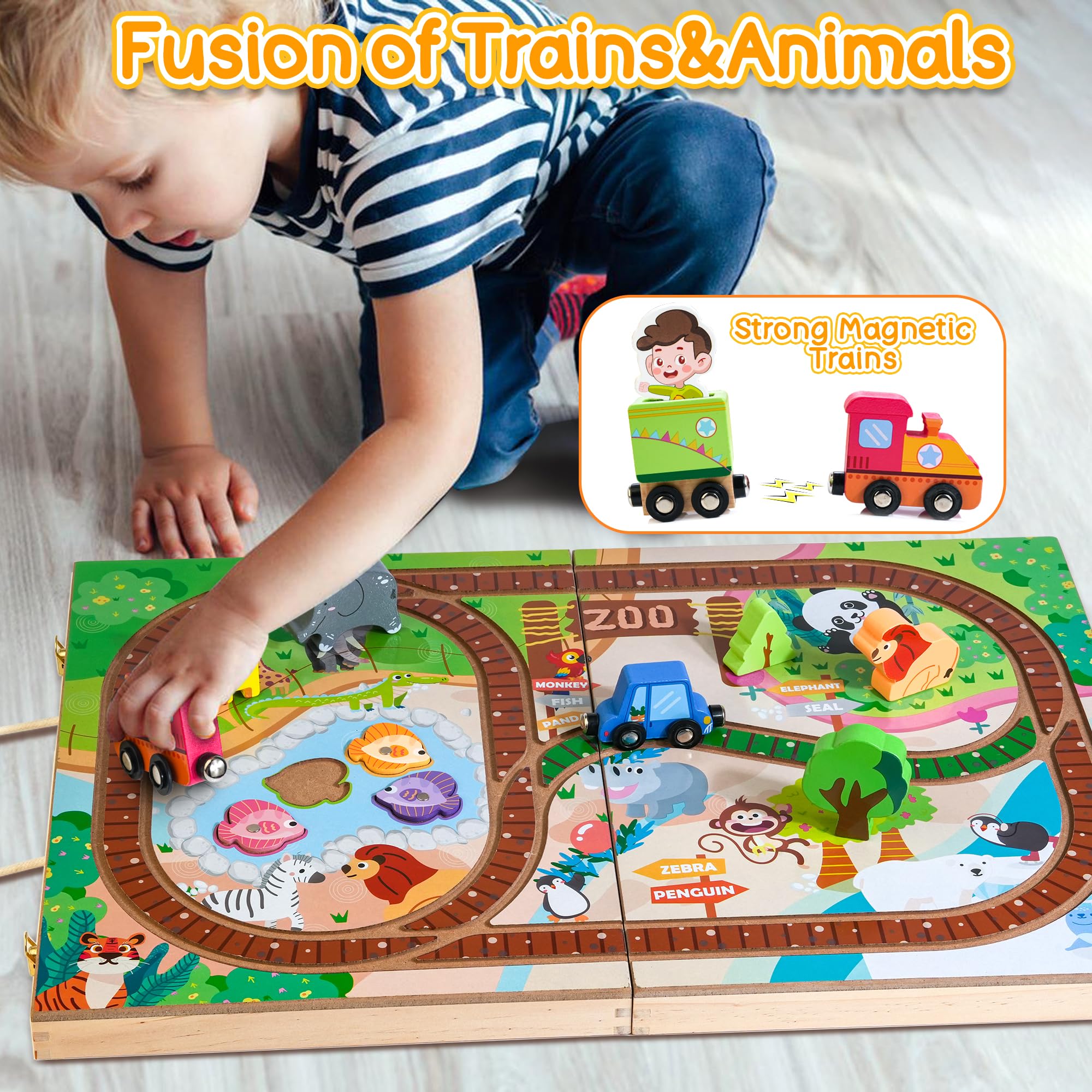 Juego de tren de madera para llevar, fiestas temáticas de zoológico, juego de pesca magnético, juego de apilamiento de animales, juguete de tren portátil para viajar, regalo para niños de 2 2