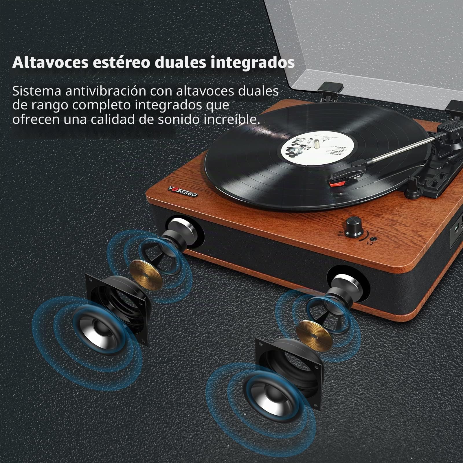 VOSTERIO Tocadiscos de Vinilo de 3 Velocidades con Altavoces estéreo, Vintage Giradiscos Bluetooth, RCA, USB y Lector de para Convertir Discos de Vinilo a Archivos Digitales, Acabado en Madera