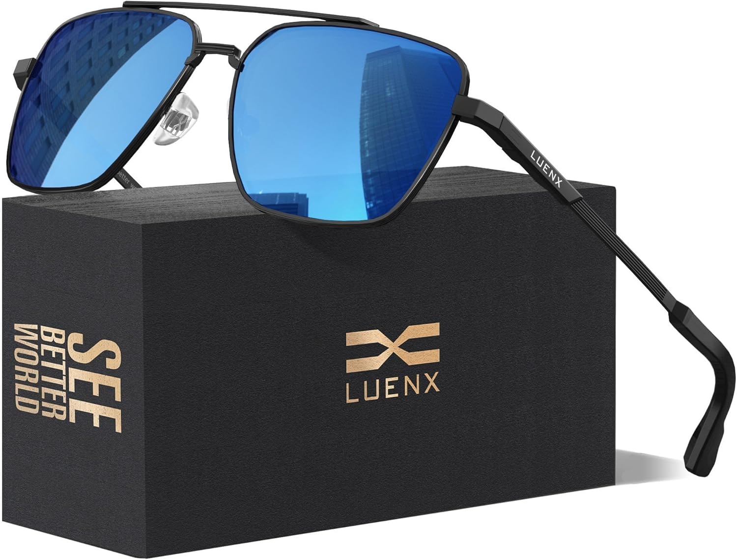 LUENX Mens Women Polarized Sunglasses Aviator, Square Polygon Lens Driving UV 400 Protection With Accessories 58mm Small