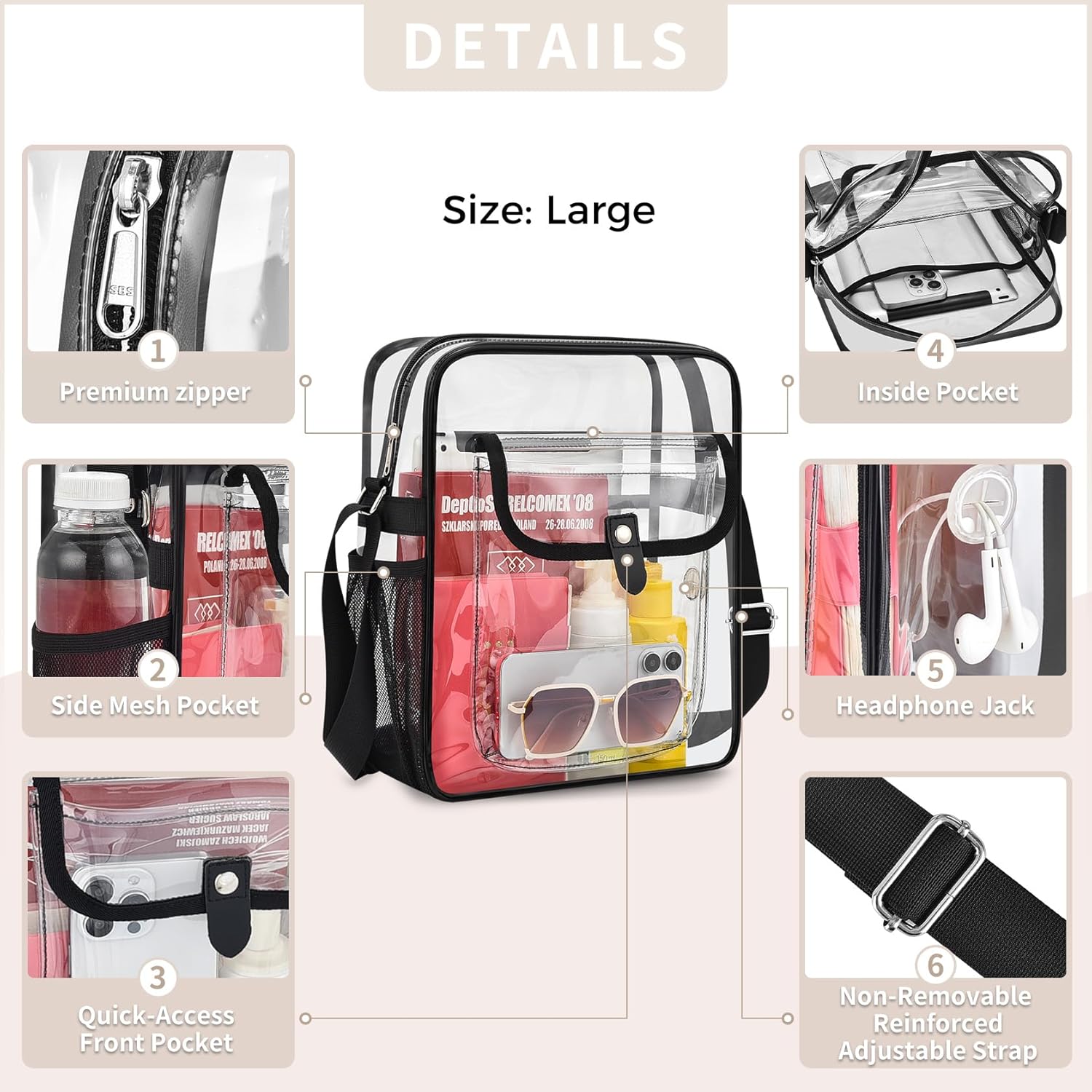 SPODEARS Clear Crossbody Bag for Stadium, Concert, Festival & More - Adjustable Shoulder Strap & Bottle Holder - Image 6