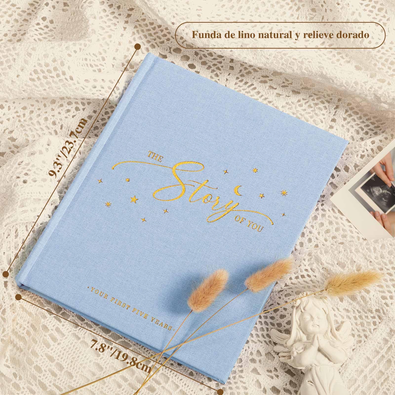 Lanpn Album Bebe Primer 5 Año para Niña Niño - Libro Recuerdos Bebé para Pegar Fotos y Escribir - Hello Baby Libros Cuaderno Diario Álbum Fotos Bebe Regalo Recién Nacido (Azul,154 Páginas, Inglés)