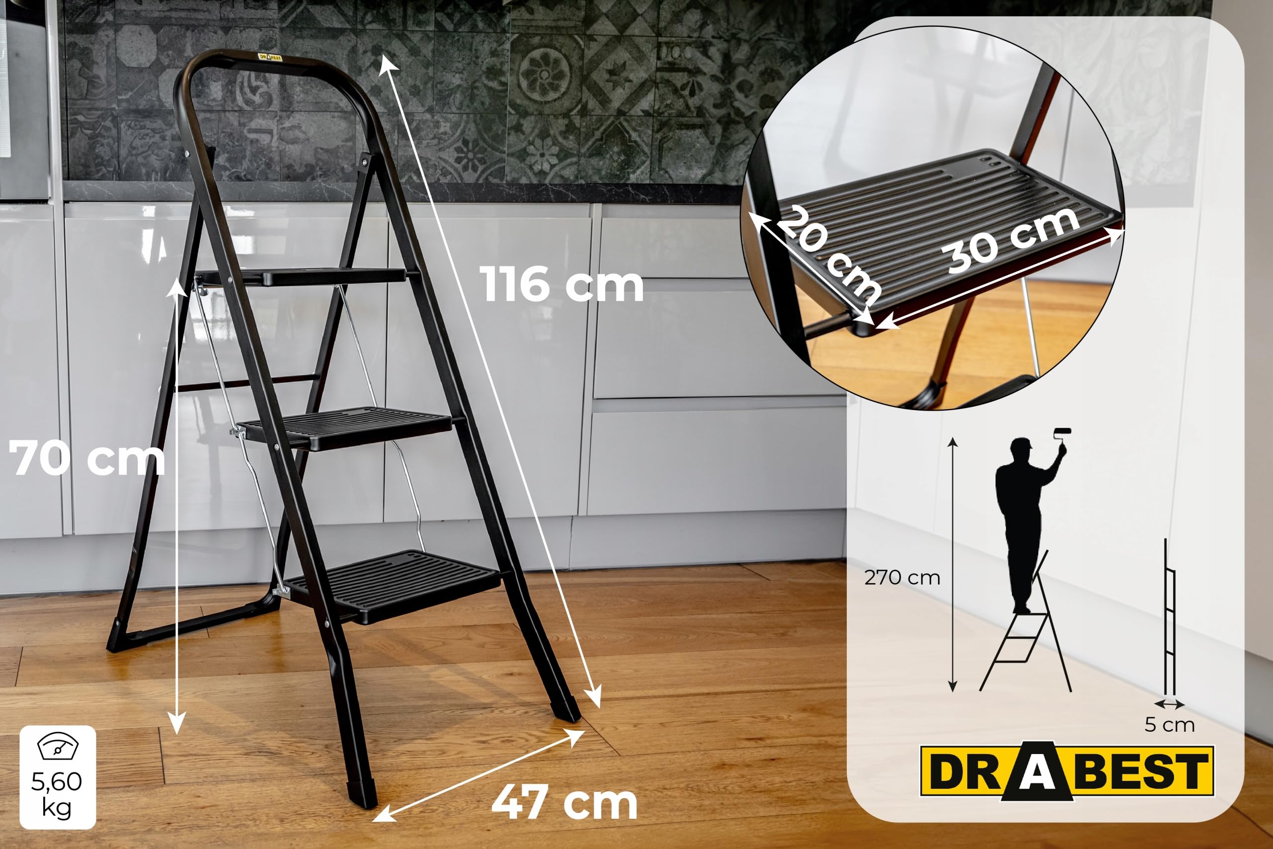 Drabest - Scaletta in Acciaio con 3 Gradini Antiscivolo - Struttura Leggera ed Ergonomica, Facile da Trasportare - Carico Massimo 150kg, 116x90x5cm, Nero