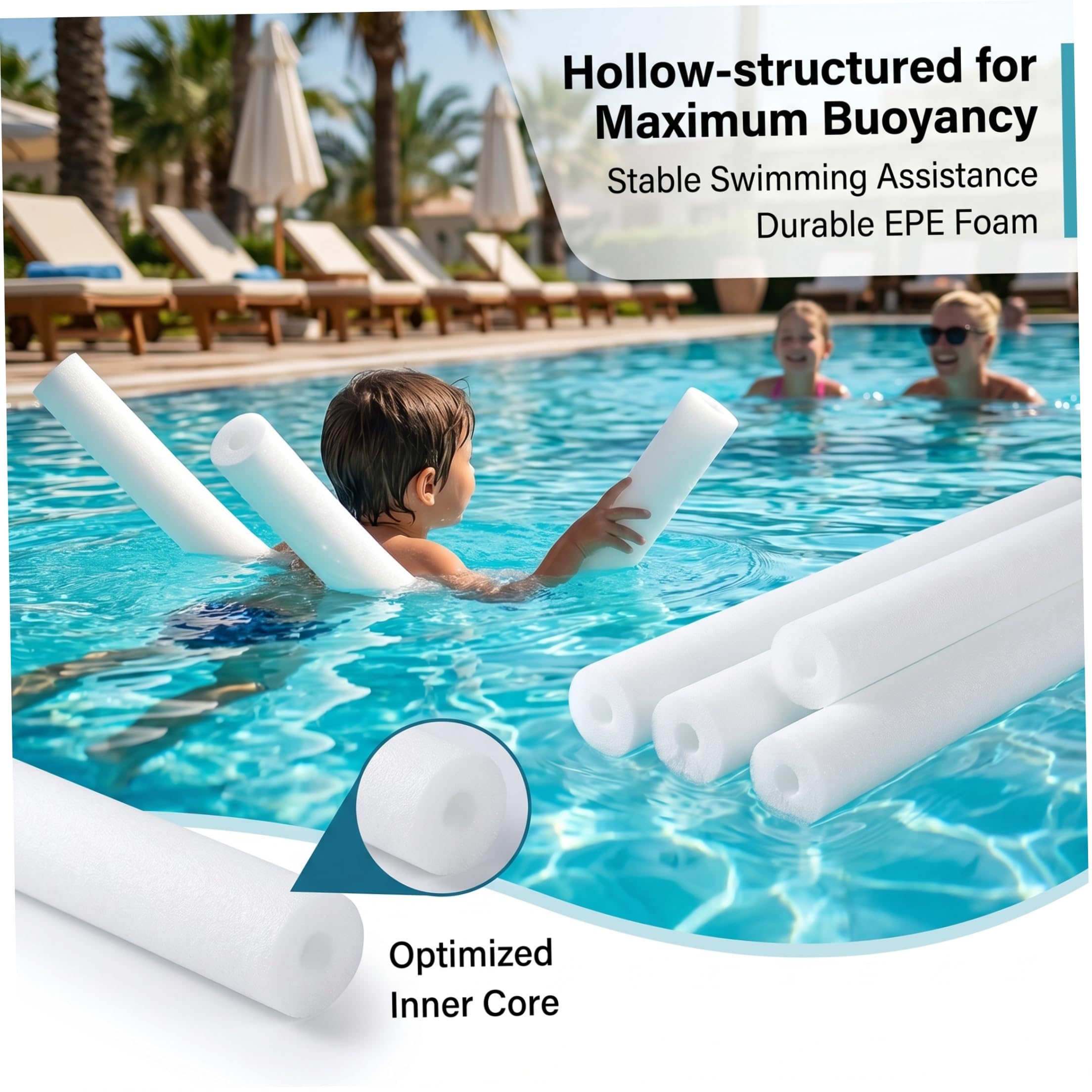 5 fideos jumbo para piscina, flotador de espuma hueca de 59.06 pulgadas, accesorio de agua antideslizante antiarañazos, color negro