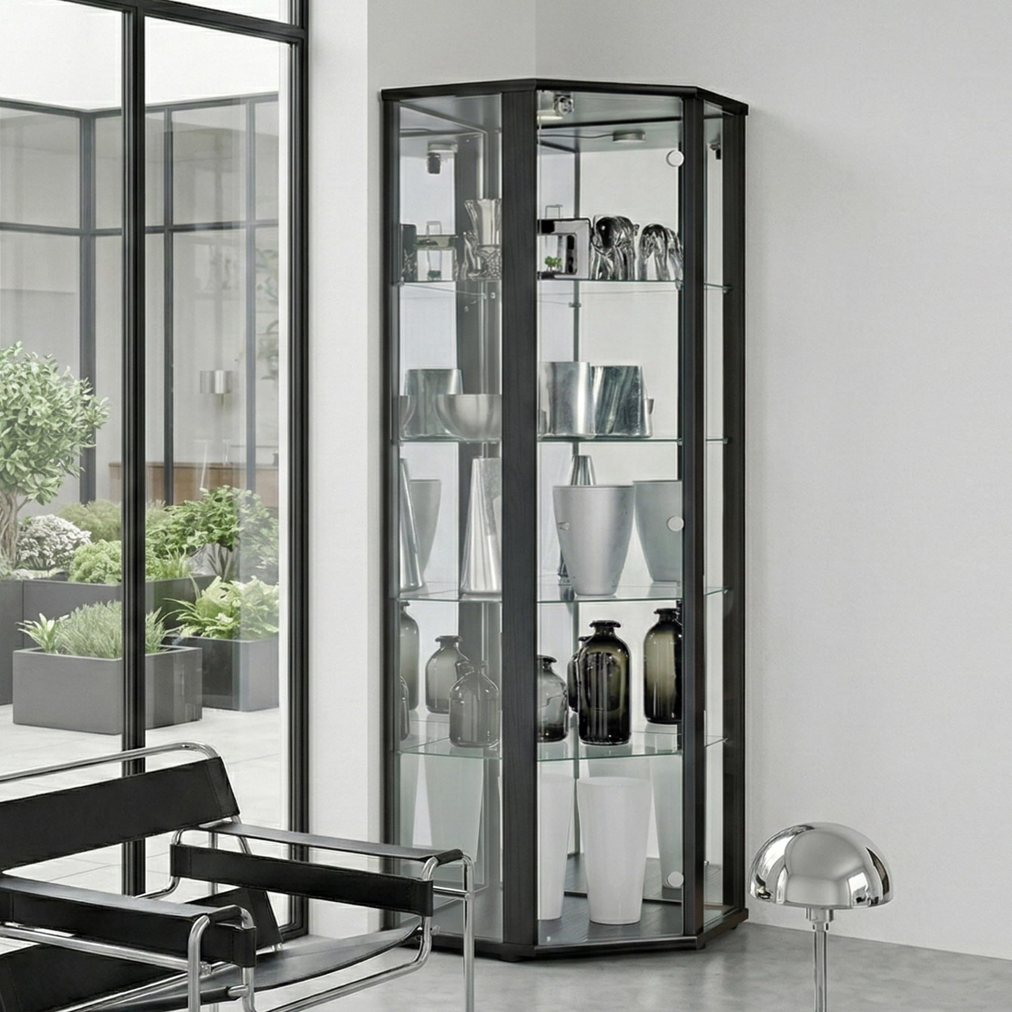 Eckvitrine in Schwarz (176x56,5x56,5 cm) mit 4 Glasböden, Schloss, Spiegel & LED - Modellauto Vitrine Schwarz - Vitrinenschrank Holzoptik - Sammlervitrine - Wohnzimmerschrank Glasvitrine