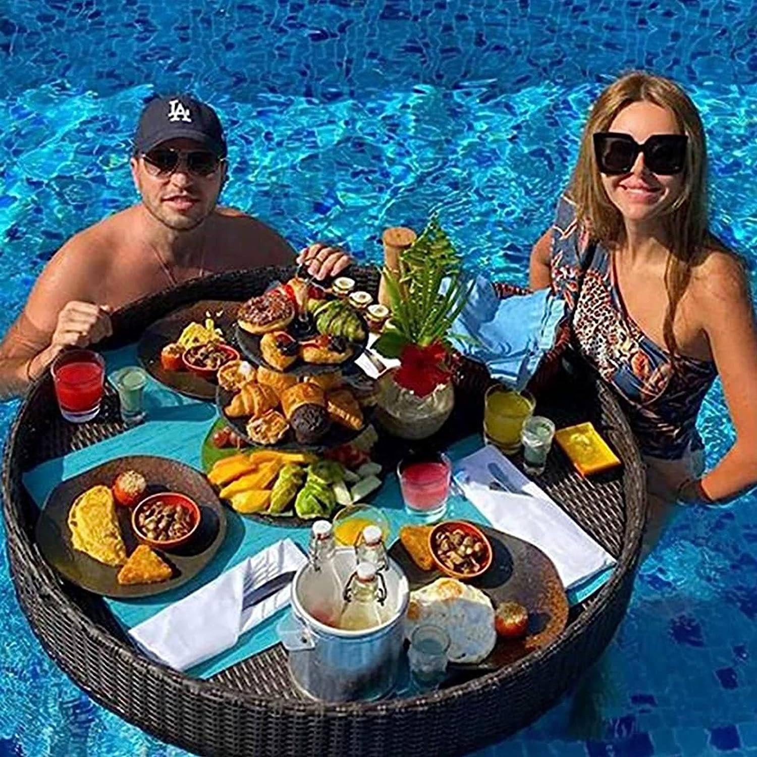 Okrągły rattan tkany taca do serwowania rattan pływający taca śniadaniowa, pływaki basenowe, dla dorosłych na piaskownice spa kąpiel i imprezy fotografia ślubna sesja zdjęciowa,Black-60cm
