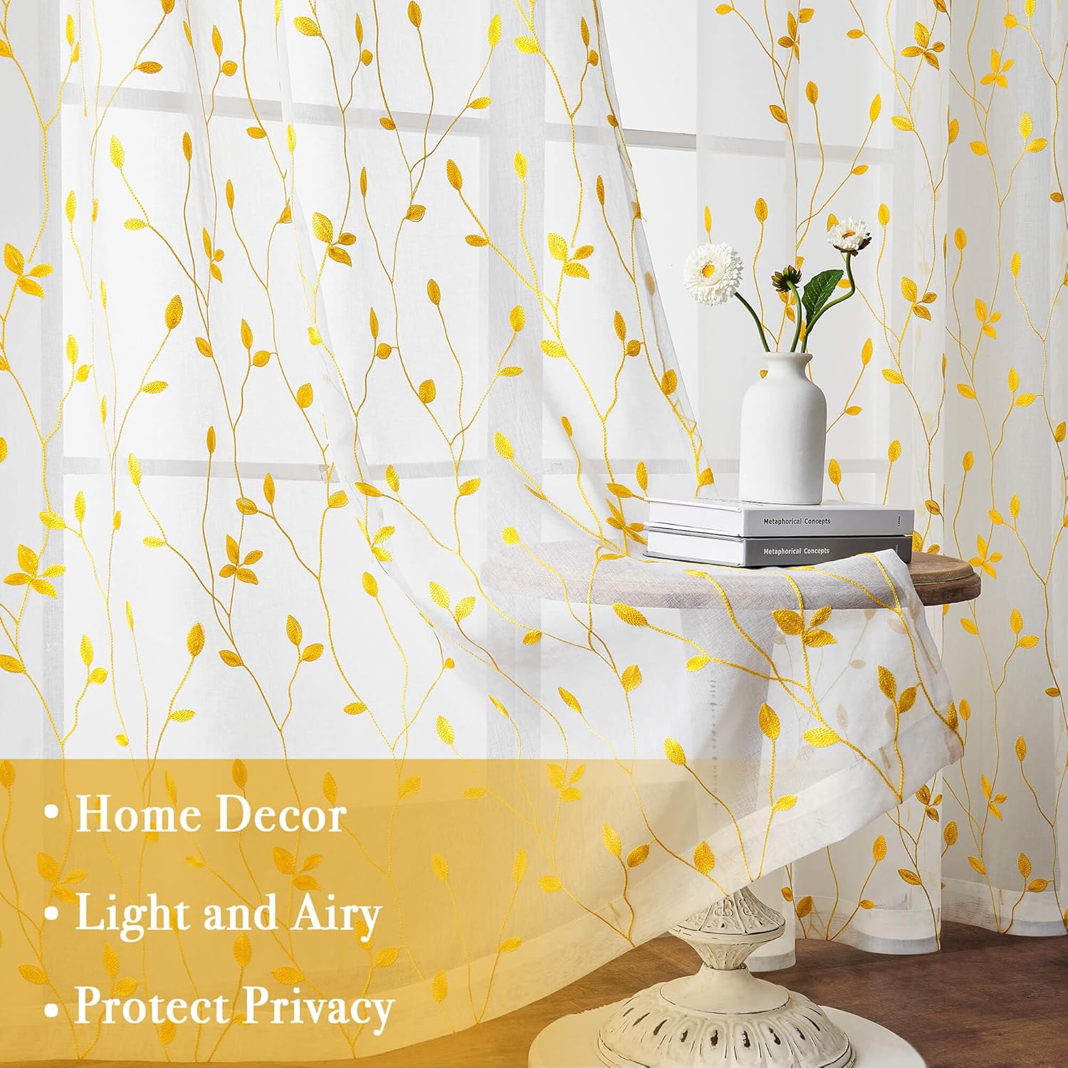 WUBODTI Spring Yellow Leaf Patterned Sheer Curtains 72 Inches Long 2 Panels Set for Living Room, Rod Pocket Country Light Filtering Faux Linen Embroidered Floral Curtains for Bedroom Dining Room