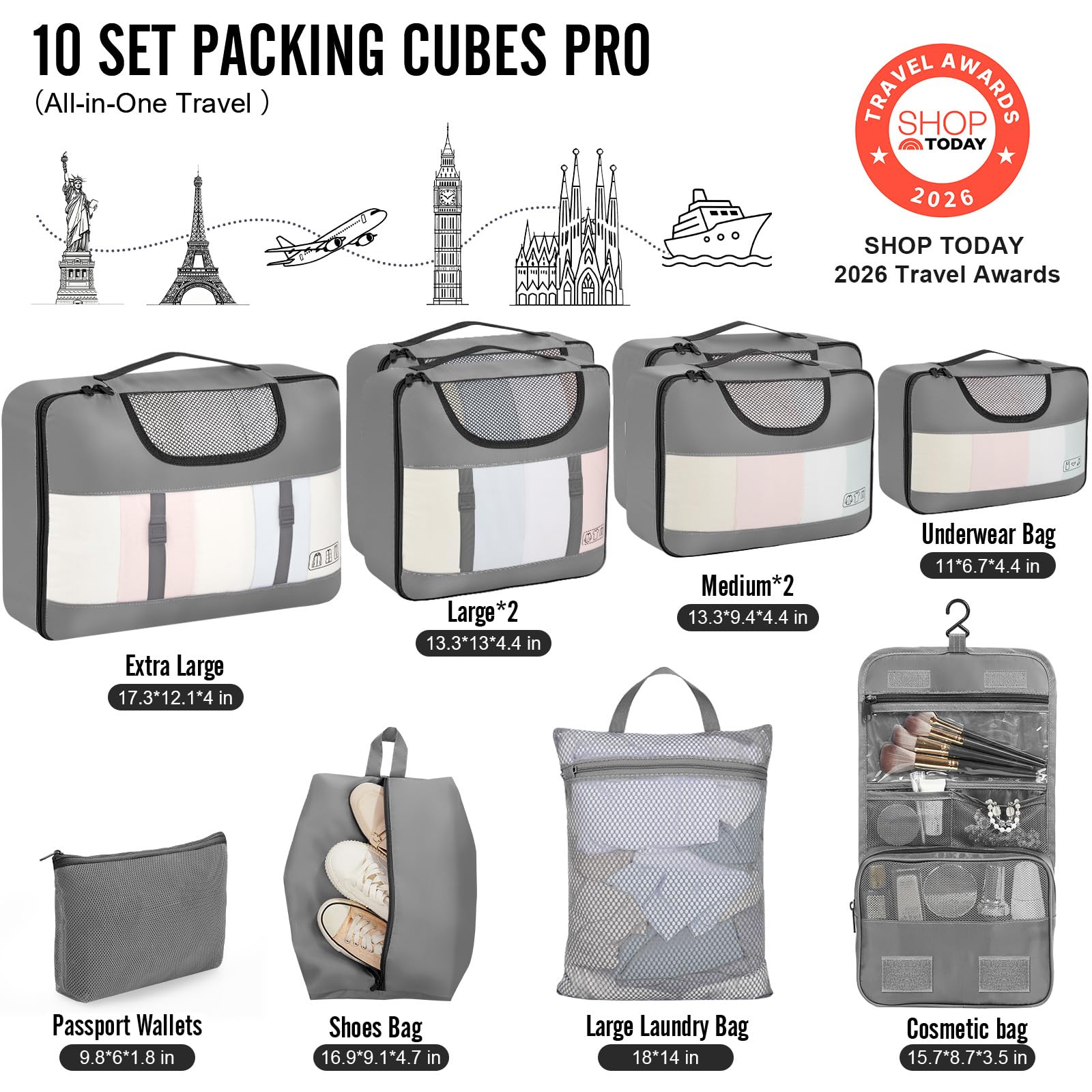 Veken 10 Set Packing Cubes for Travel Essentials,Anti-Wrinkle Buckled Suitcase Organizer for Shoe & Toiletry Bag,Carry On Luggage Bag with 99+ Count Mesh Holes for Airplane & College Dorm Accessories view 2
