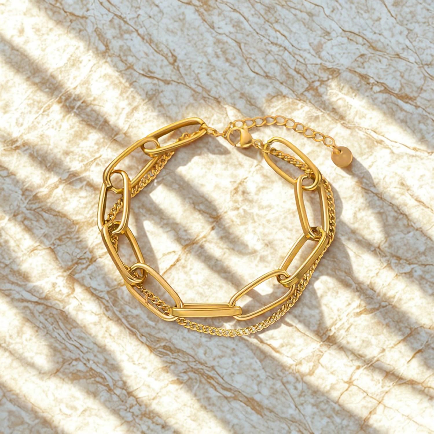 Elegant 18K Gold Plated Multi-Strand Chain Bracelet, Geometric Layered Design, Adjustable Dainty Jewelry for Women, Everyday Wear and Special Occasions - Image 3