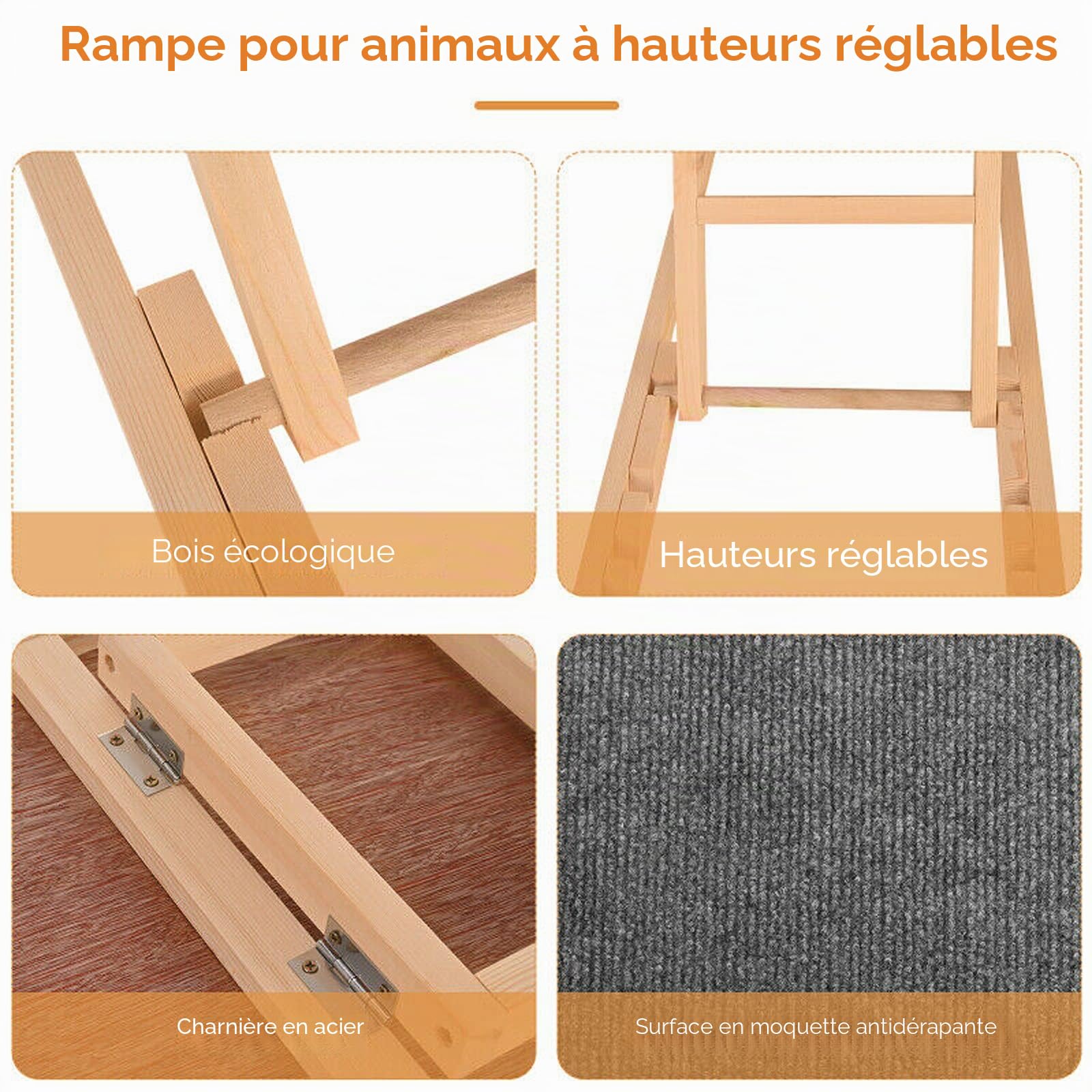 Rampe indépendante pour chien Dog Ramp, bois véritable réglable 2 hauteurs, tapis antidérapant, design pliable portable pour lit ou canapé 70 x 35 cm