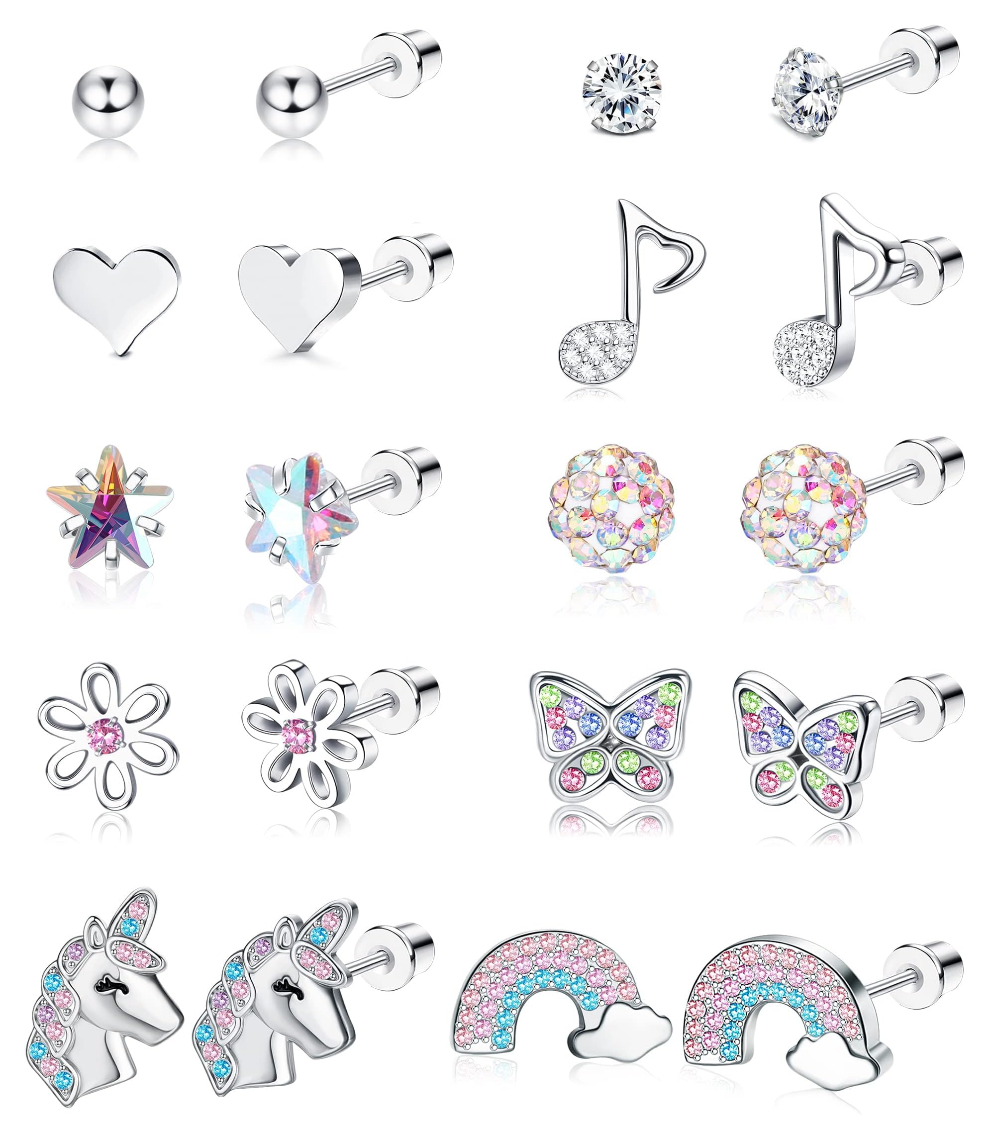 Finrezio 8-10 Pares Pendientes Niña Aretes Pendientes para Niños Pendientes Hipoalergeniños Aretes Espalda Rosca Circonitas Cúbicas Acero Inoxidable Flor Corazón Lindo Juego Pendientes