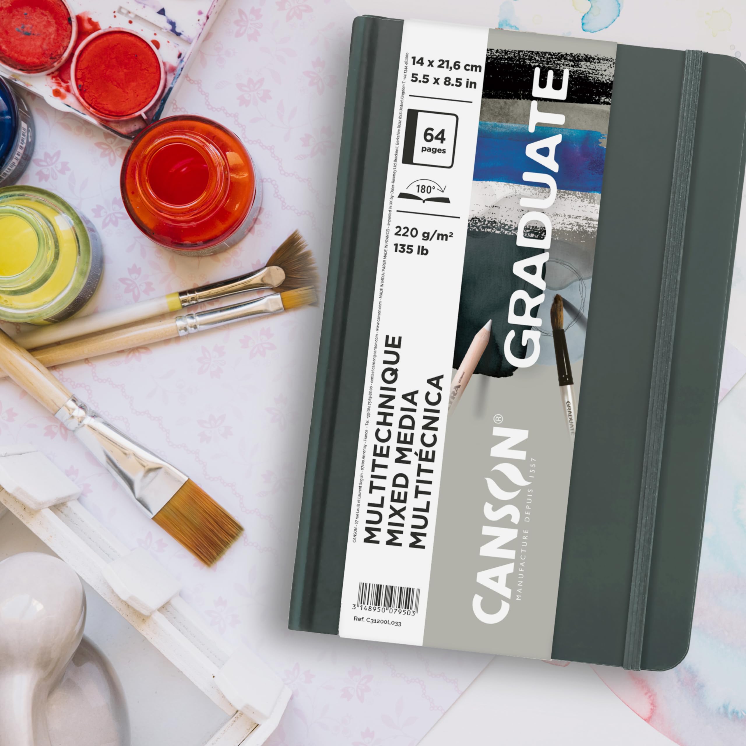 Canson Graduate Book, szkicownik, dwustronny: ziarnisty i gładki, 220 gsm, Sketchbook w twardej oprawie, 14 x 21,6 cm, szary, 64 arkusze