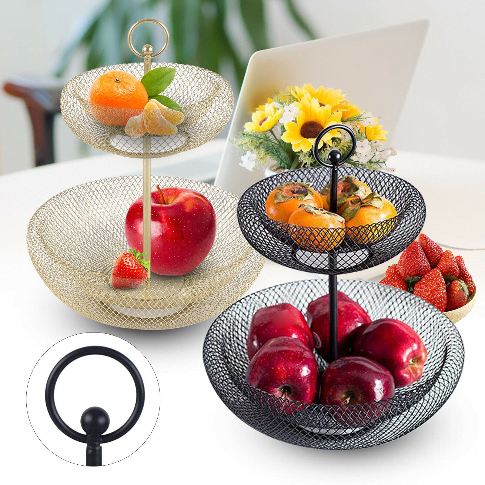 Cesto Frutta A 2 Ripiani In Metallo Nero - Portafrutta A Cestello Per Cucina - 3