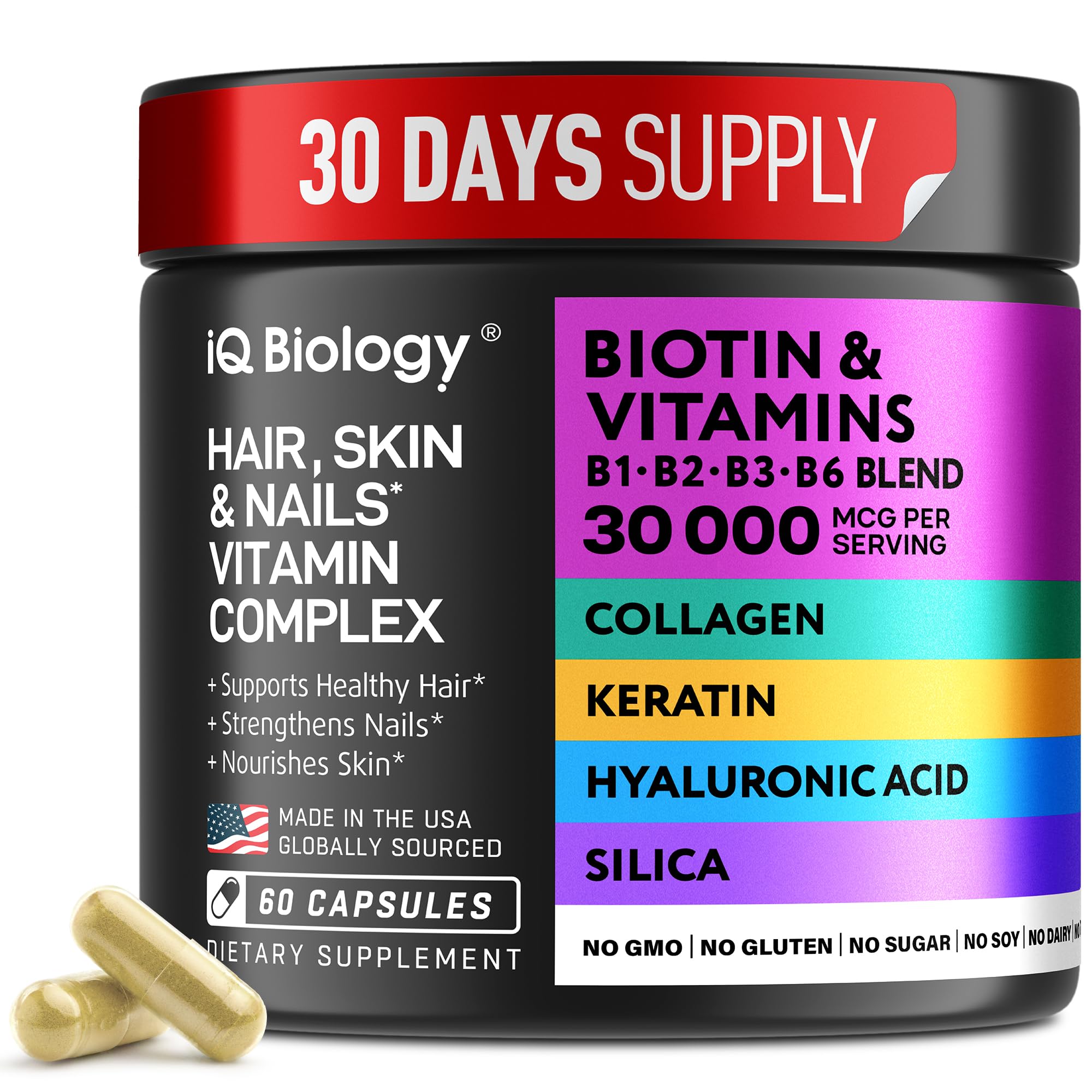 Biotin for Hair Growth Women & Men with Keratin, Collagen Complex 30000 mcg - Capsules for Hair Loss & Stronger Thickness - Skin & Nails Vitamins, Biotin 10000mcg and Collagen Supplements - 60 Pills
