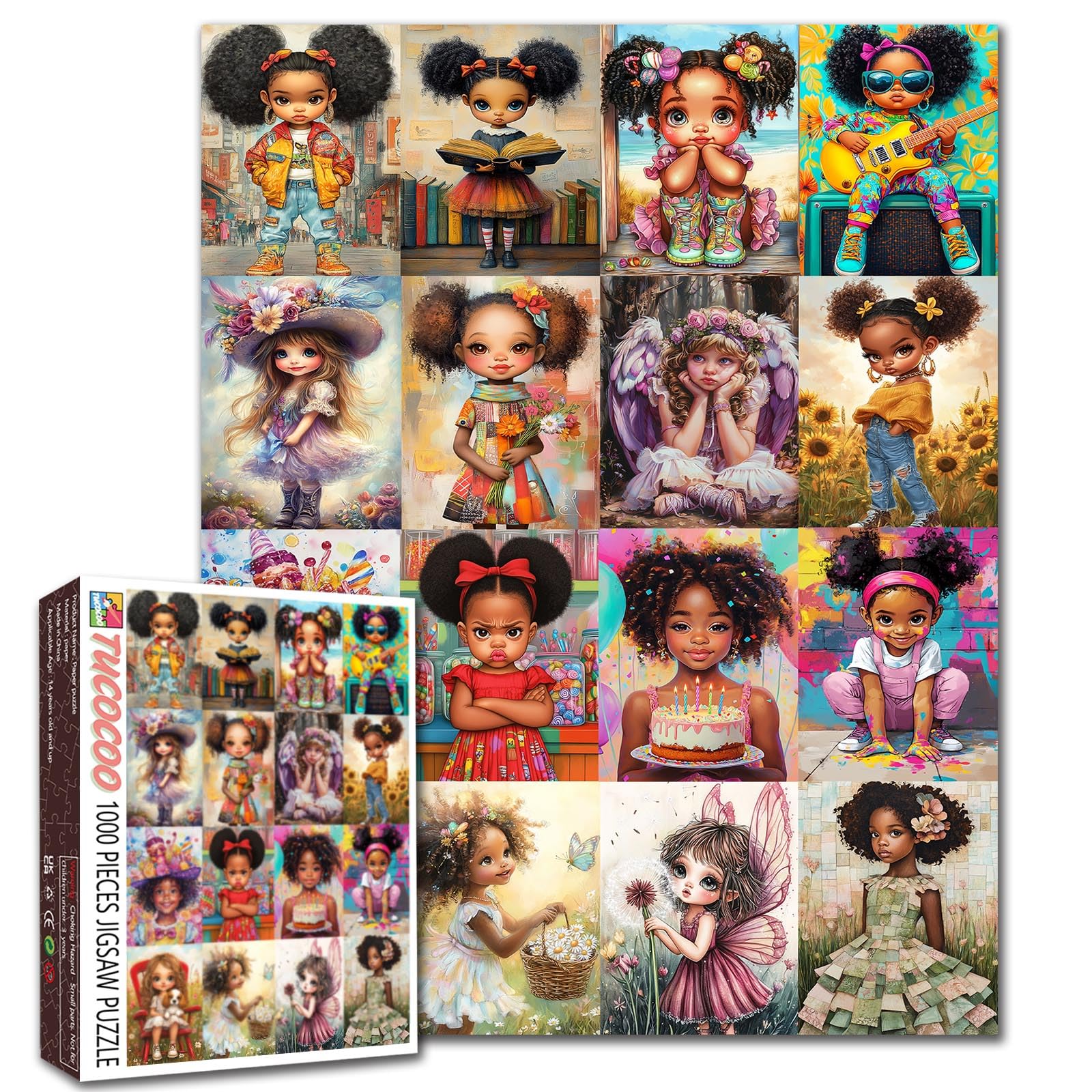 Tucocoo Puzzle 1000 Teile für Erwachsene, schwarzes Mädchen, afro Kunstmalerei, Puzzle, kleines afrikanisches Mädchen, 1000 Teile, Puzzle, Collage, Kunst, Wanddekoration, bunt, DIY, Bastelpuzzle