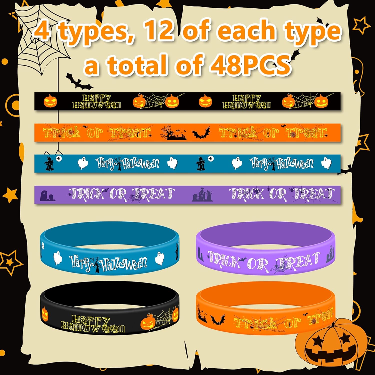 Lesnala 48 Pcs Halloween Silicone Wristband 4 Classic Styles for Kid Holiday Gifts Party Favor and Goodie Bag Fillers Supply - Image 7