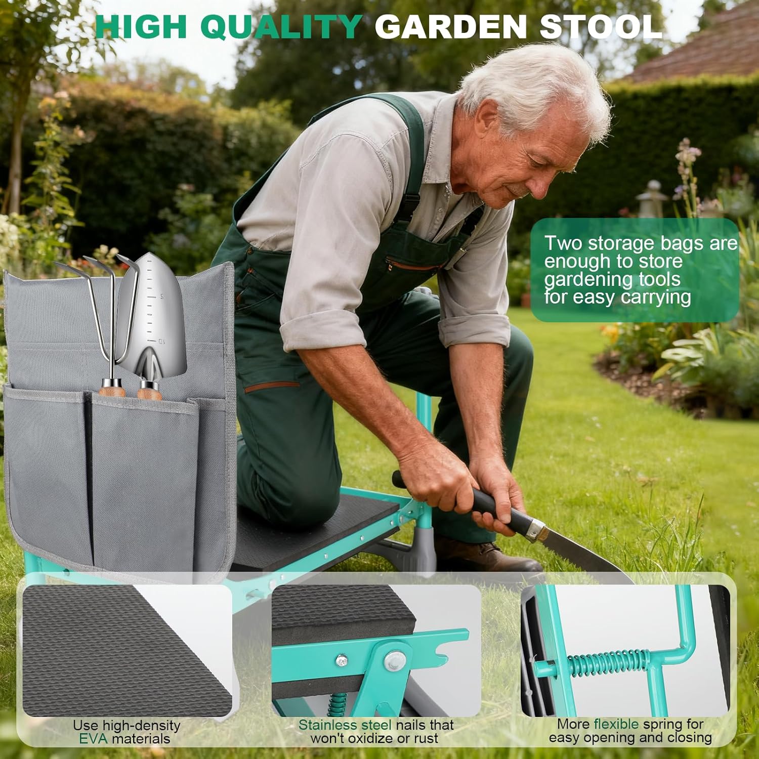 Garden Kneeler and Seat, 2-in-1 Foldable Garden Bench with Non-Slip EVA Foam Pad, Storage Bags, Glove, Portable Gardening Stool for Kneeling & Sitting, Ideal for Gardeners, Patio, Fishing