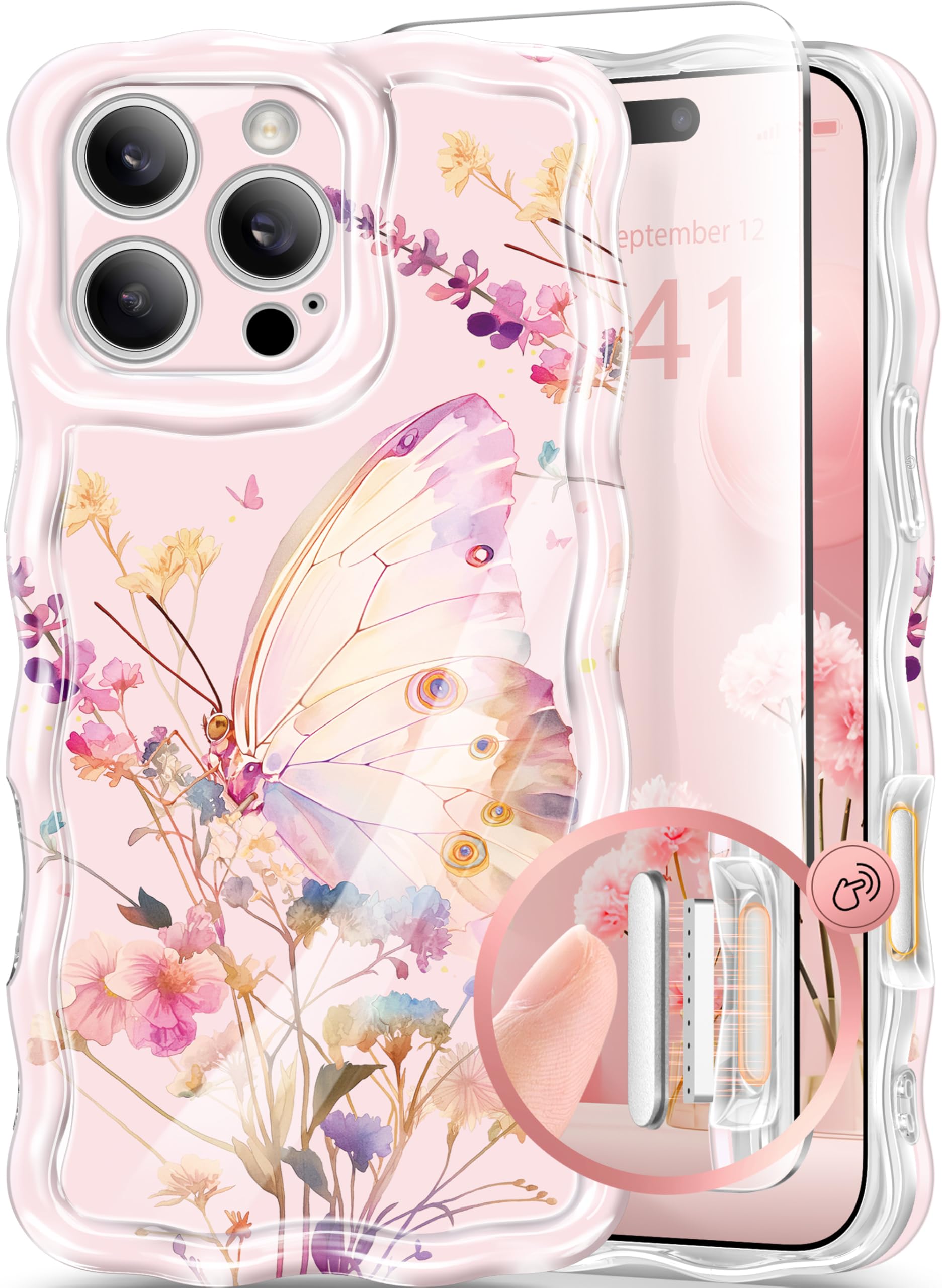 GVIEWIN Magnetic for iPhone 16 Pro Case with Camera Control, Compatible with Magsafe, Upgraded [Full Camera Protection][Screen Protector] Wave Edge Floral Women Girls Phone Cover 6.3",Magic Butterfly