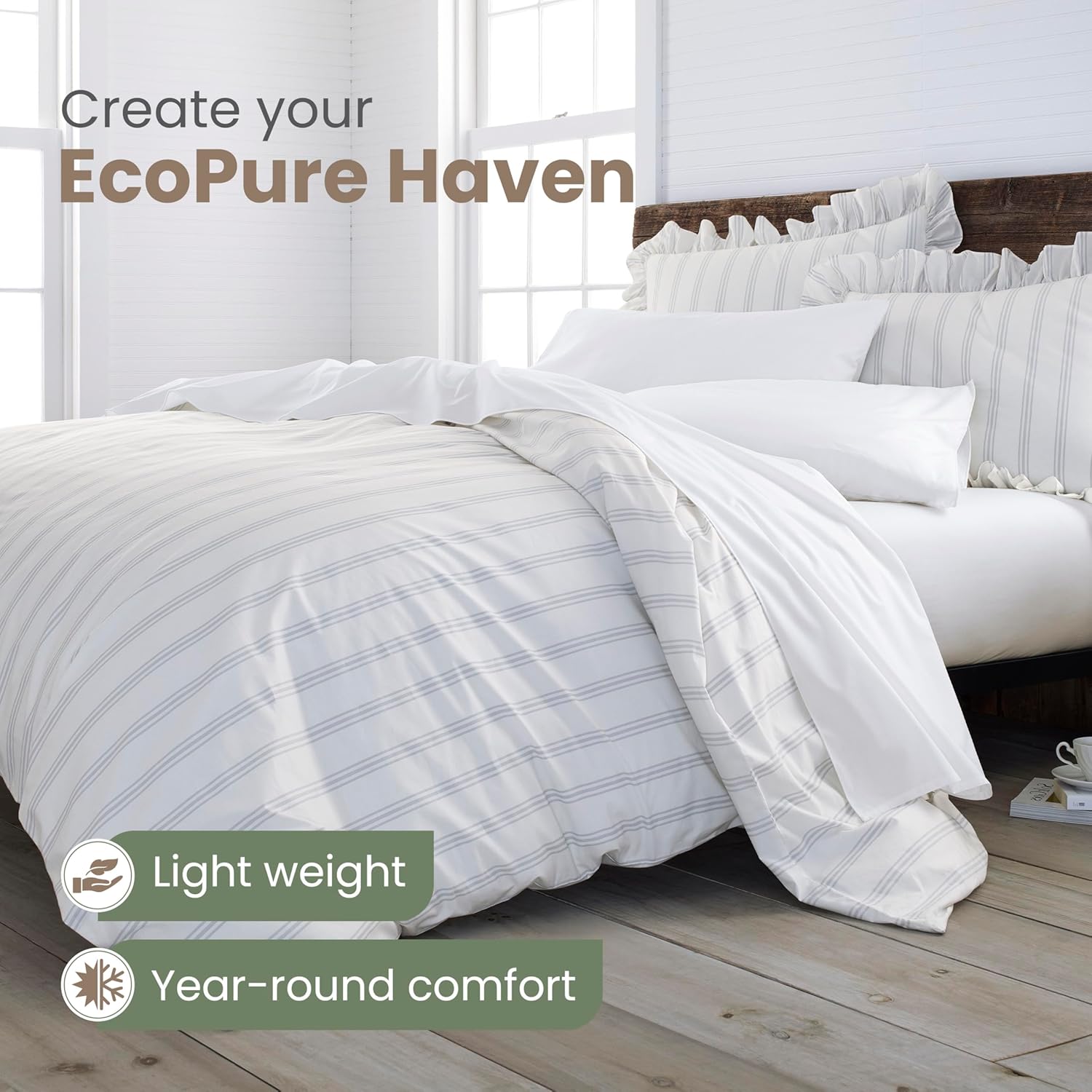 Martex EcoPure Comfort Wash 3-Piece Print Full/Queen Comforter Set – 100% Organic Cotton - All-Season - Breathable & Lightweight – Easy Care - Brooke Brooke Gray Full/Queen