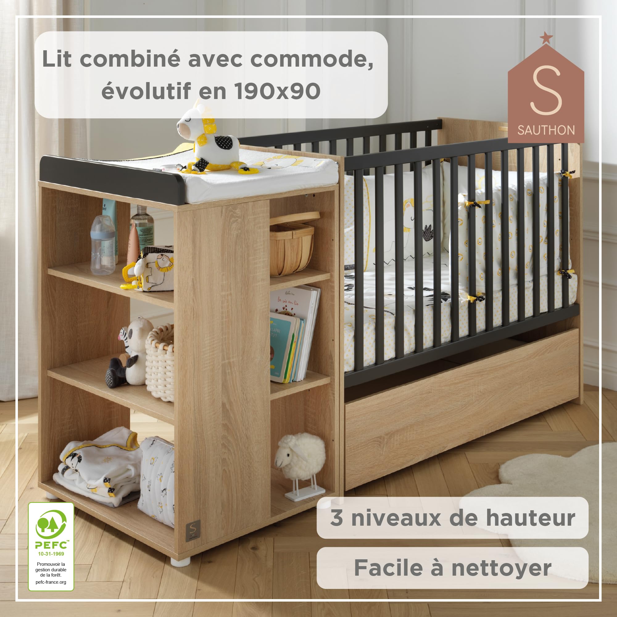 Sauthon Lit combiné 120x60cm évolutif en 90x190cm
