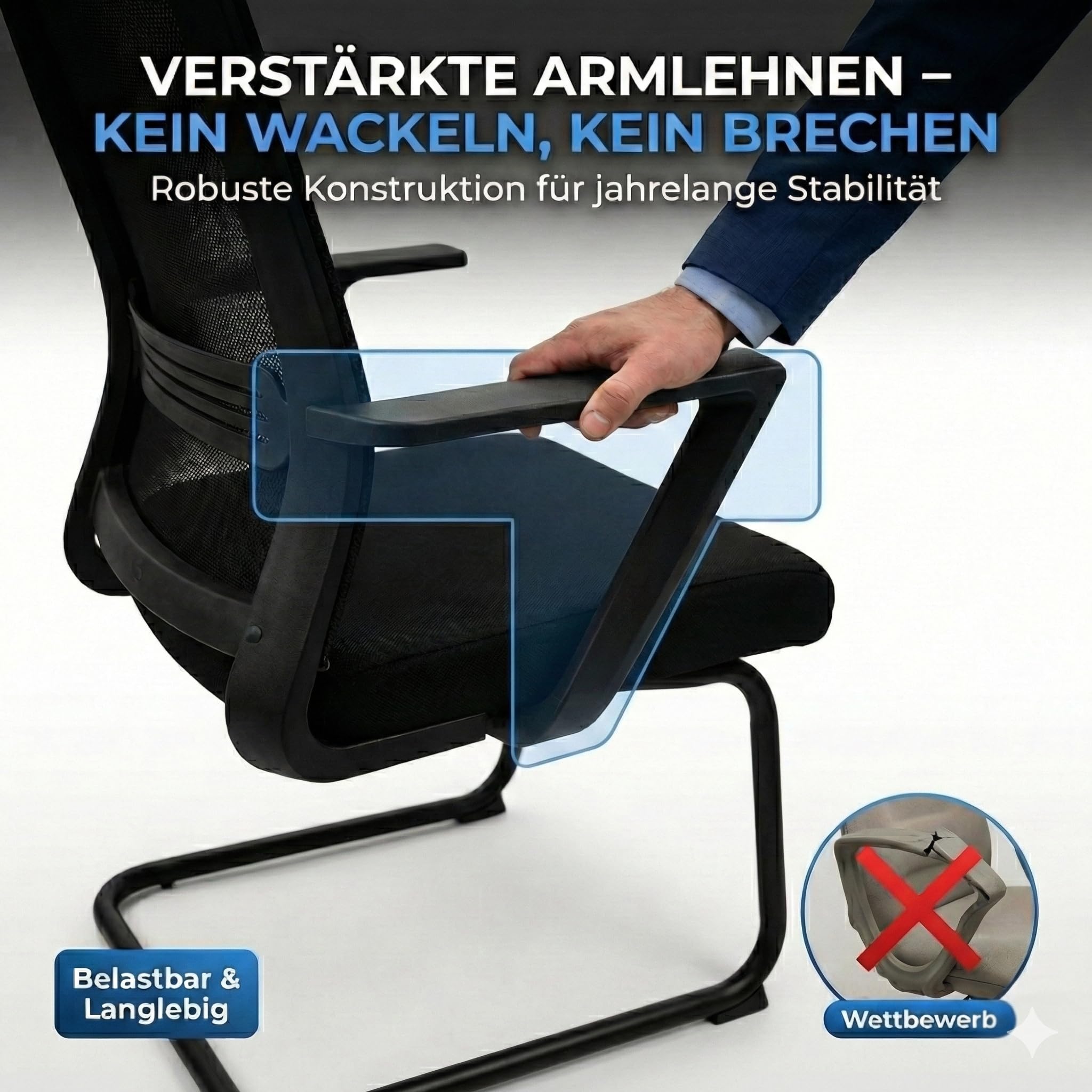 VALKENSTOL K1 Konferenzstuhl Freischwinger Schwarz mit Armlehne - Ergonomischer Besucherstuhl mit verstellbarer Lordosenstütze & Netzrücken - Robuster Bürostuhl ohne Rollen, Wasserabweisend, bis 150kg