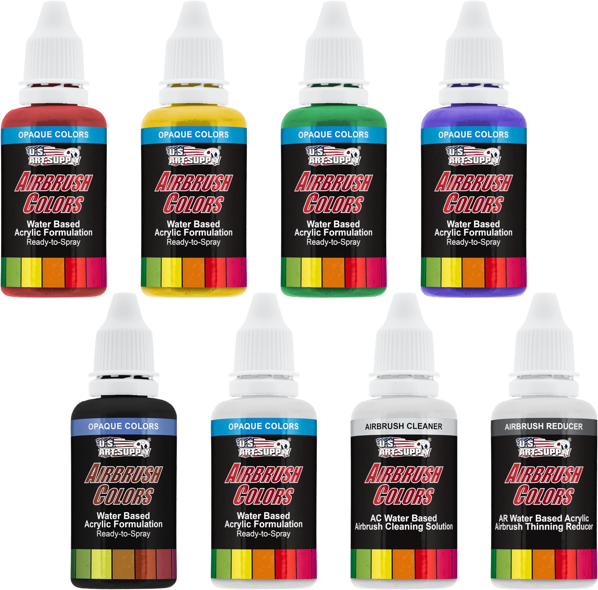U.S. Art Supply 6 Color Starter Acrylic Airbrush, Leather & Shoe Paint Set Primary Opaque Colors plus Reducer & Cleaner, 1 oz. Bottles