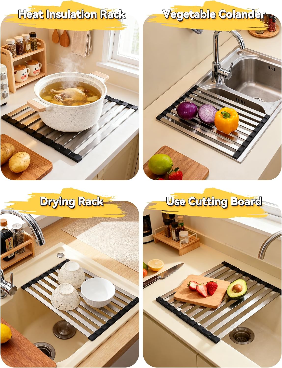 Roll Up Sink Drying Rack, Stainless Steel Sink Drying Rack with Silicone Wrap, 16.6" x 13" Thickened & Widened Foldable Dish Drainer for Kitchen