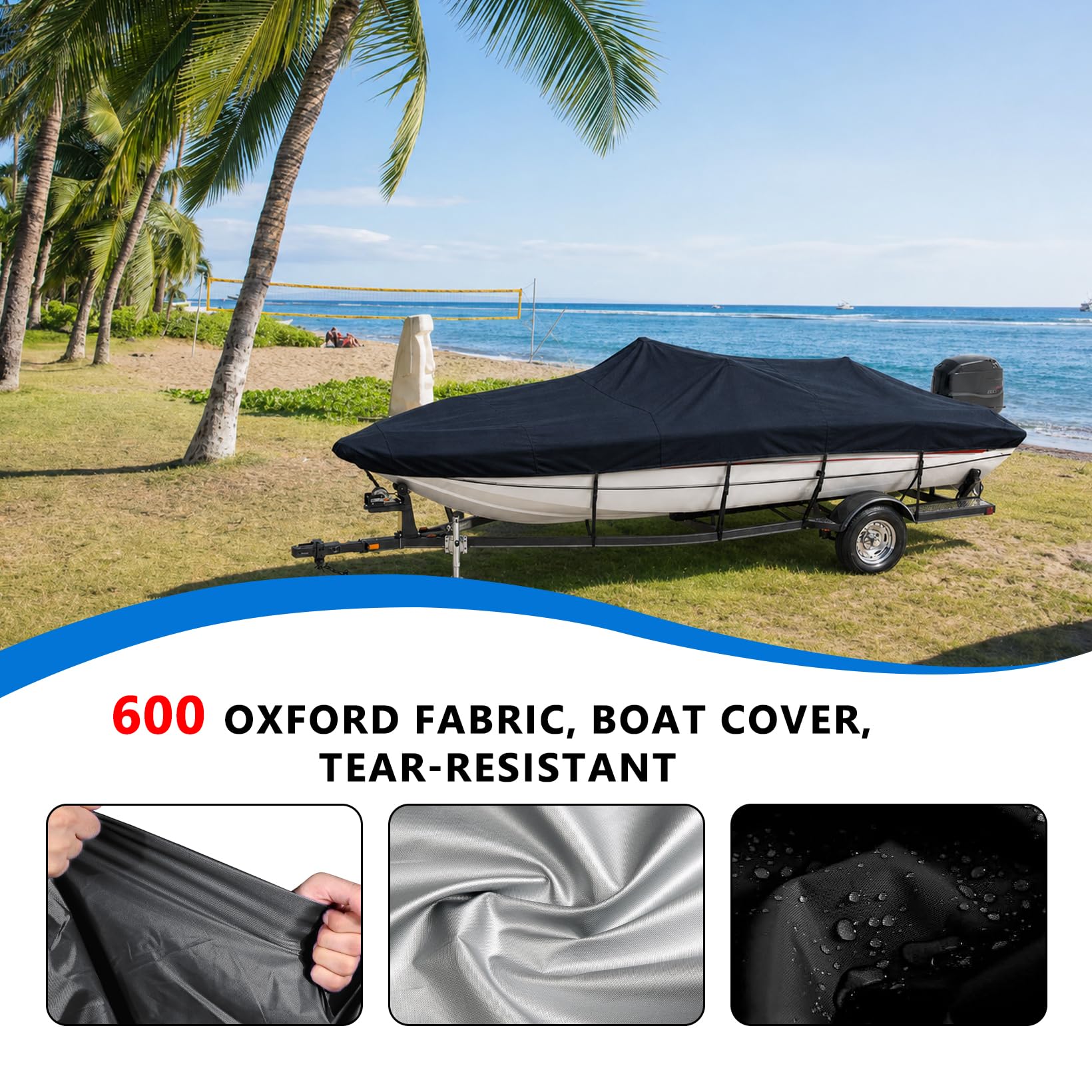 Abdeckplanen für Boote, Bootsplane Wasserdicht, Gewebe Bootsabdeckung | Persenning 600D Oxford, Bootsplane Mit Gummizug, Bootspersenning Schutz Cover, V-Rumpf Boat Cover Universelle (schwarze）