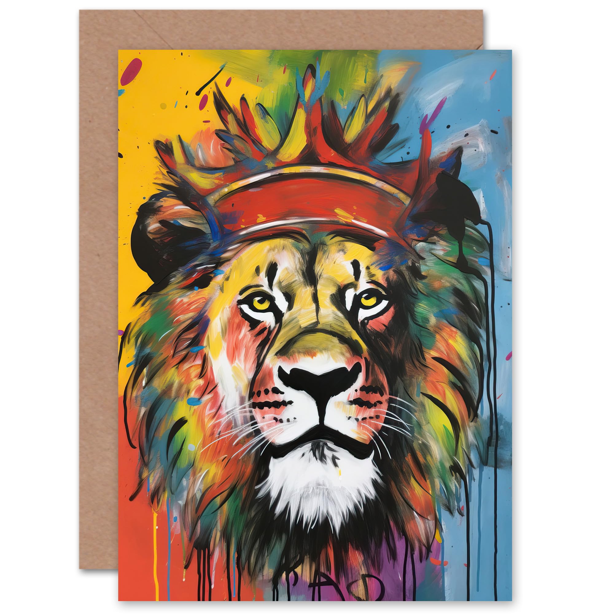 Artery8King of the Jungle Lion Crown Graffiti for Husband Him Dad Son Brother Birthday Congratulations Fathers Day Blank Art Greeting Card