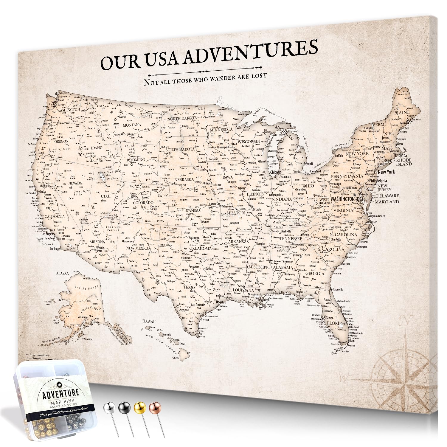 IPIC Vintage US Travel Map with Pins, Push Pin Travel Map USA, Size30x24 in