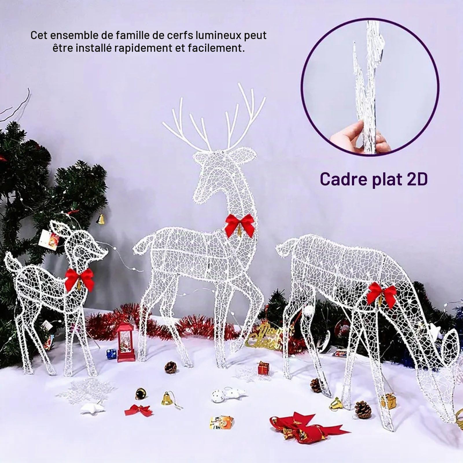 Ensemble Familial de Cerfs de Noël éclairés – 3 Pièces, Décorations de Noël en Forme de Renne, Décoration Extérieure et Intérieure avec Lumières LED, Nœuds Rouges, Décoration de