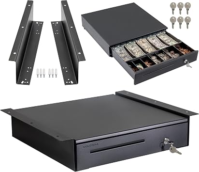 Volcora Cash Register Drawer with Under Counter Mounting Metal Bracket - 16" Black Cash Drawer for POS, 5 Bill 6 Coin Cash Tray, Removable Coin Compartment, 12-24V RJ11/RJ12 Key-Lock, Media Slot