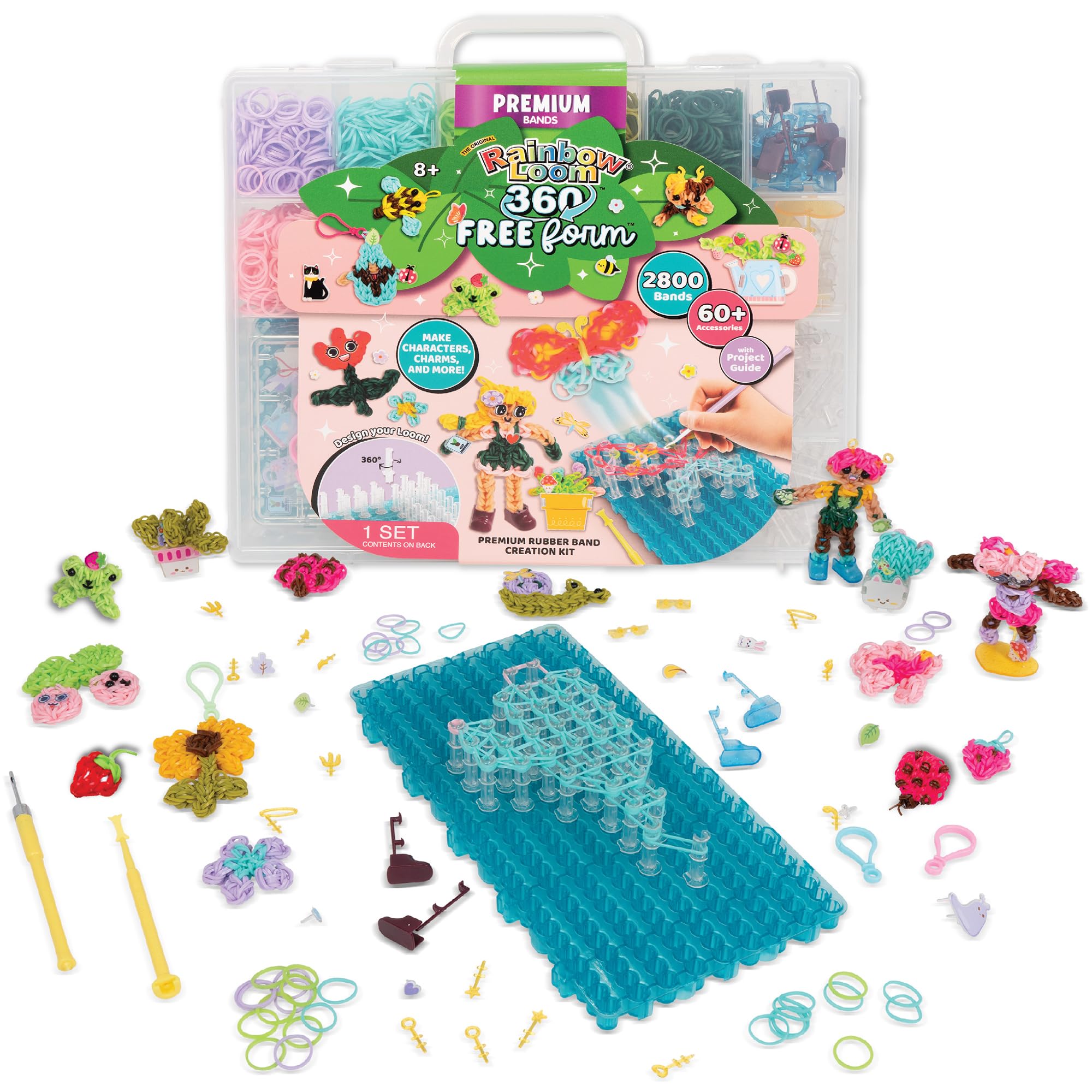Rainbow Loom: 360 Free Form - Juego de creaciones de manualidades, telar personalizable, 2800 bandas de goma, más de 60 accesorios, haz personajes, dijes y más, niños mayores de 8 años