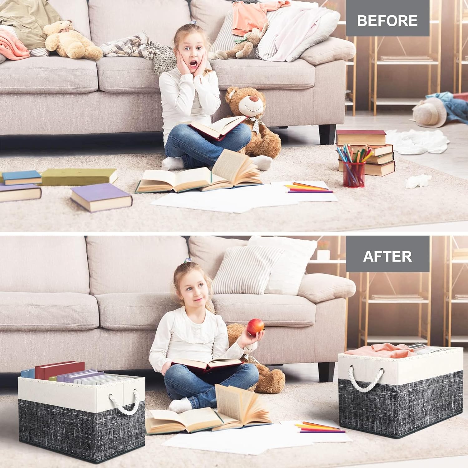 Fab totes Storage Bins 6-Pack, Foldable Storage Baskets for Organizing Toys, Books, Shelves, Closet, Large Storage Box with Rope Handles, Sturdy Organizer Bins, White & Black