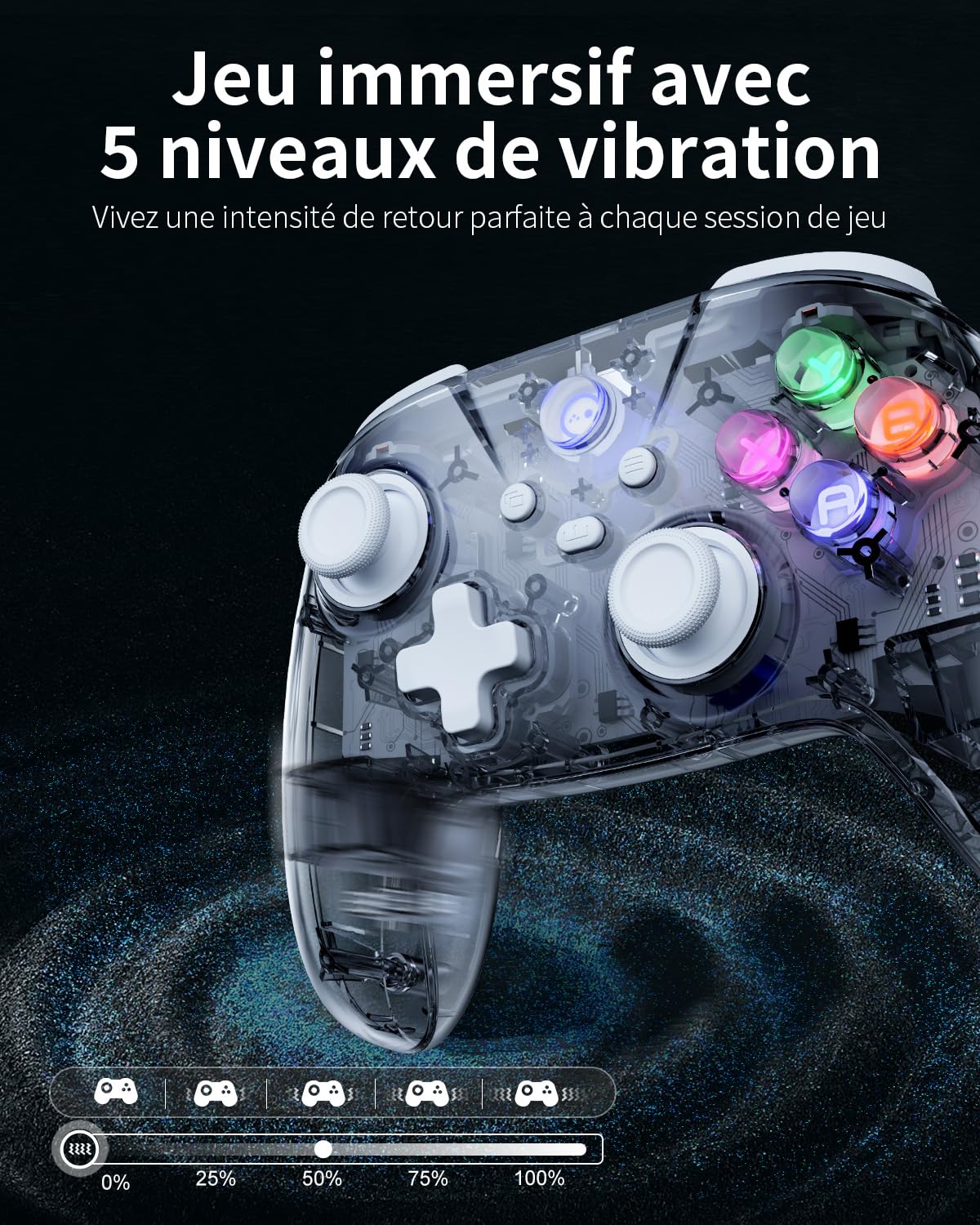 PALPOW Manette PC Sans Fil 2.4G avec Joysticks et Gâchettes à Effet Hall, Manette de Jeu pour Windows/Android/Steam Deck/iPhone/Switch 2, Gamepad Bluetooth avec 8 Couleurs RGB/Turbo - Transparent
