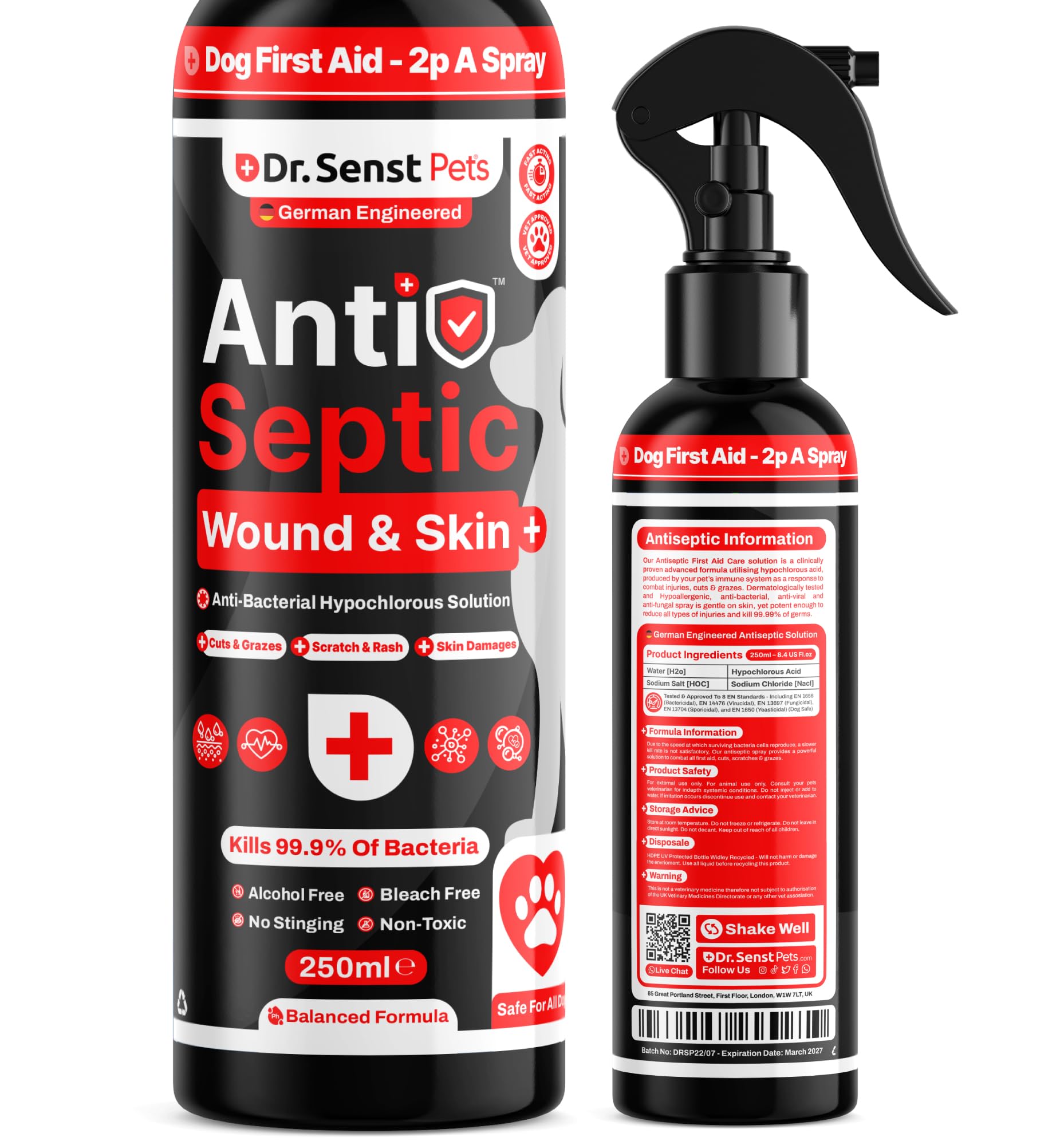 Dr. Senst Dog Antiseptic Spray For Wound, Cuts & Grazes | 250ml Hypochlorous Acid Antiseptic Spray For Dogs | Dog First Aid Kit UK | Antiseptic Dog Wound Spray | No Need For Antibiotics For Dogs