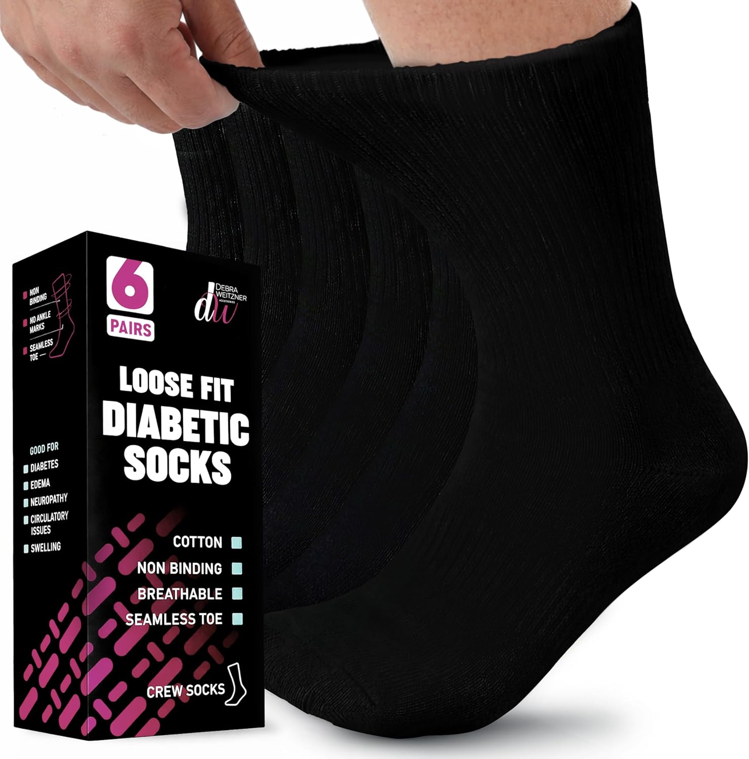 Debra Weitzner Diabetic Socks For Men and Women Loose Fit Non-Binding Cotton Crew Socks 6 Pairs