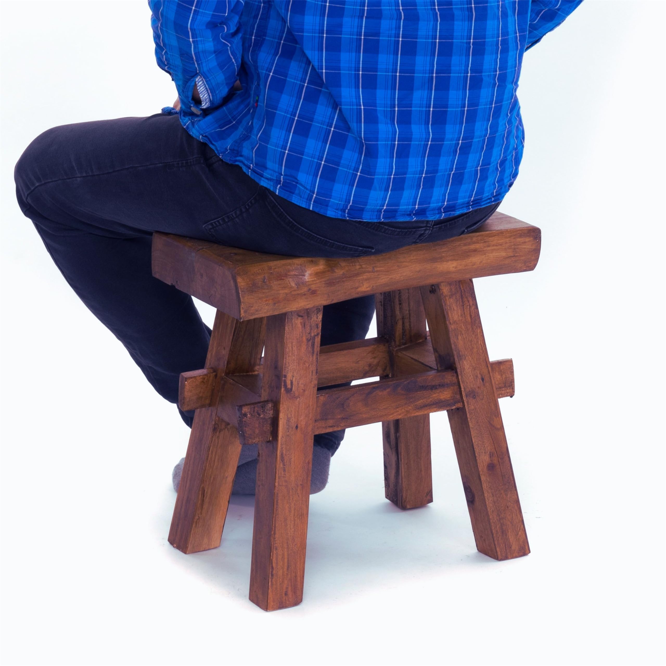 Sgabello Palo In Legno Vintage - 27.5x26x26cm, Mogano Riciclato, Stile Rustico - Foto 4