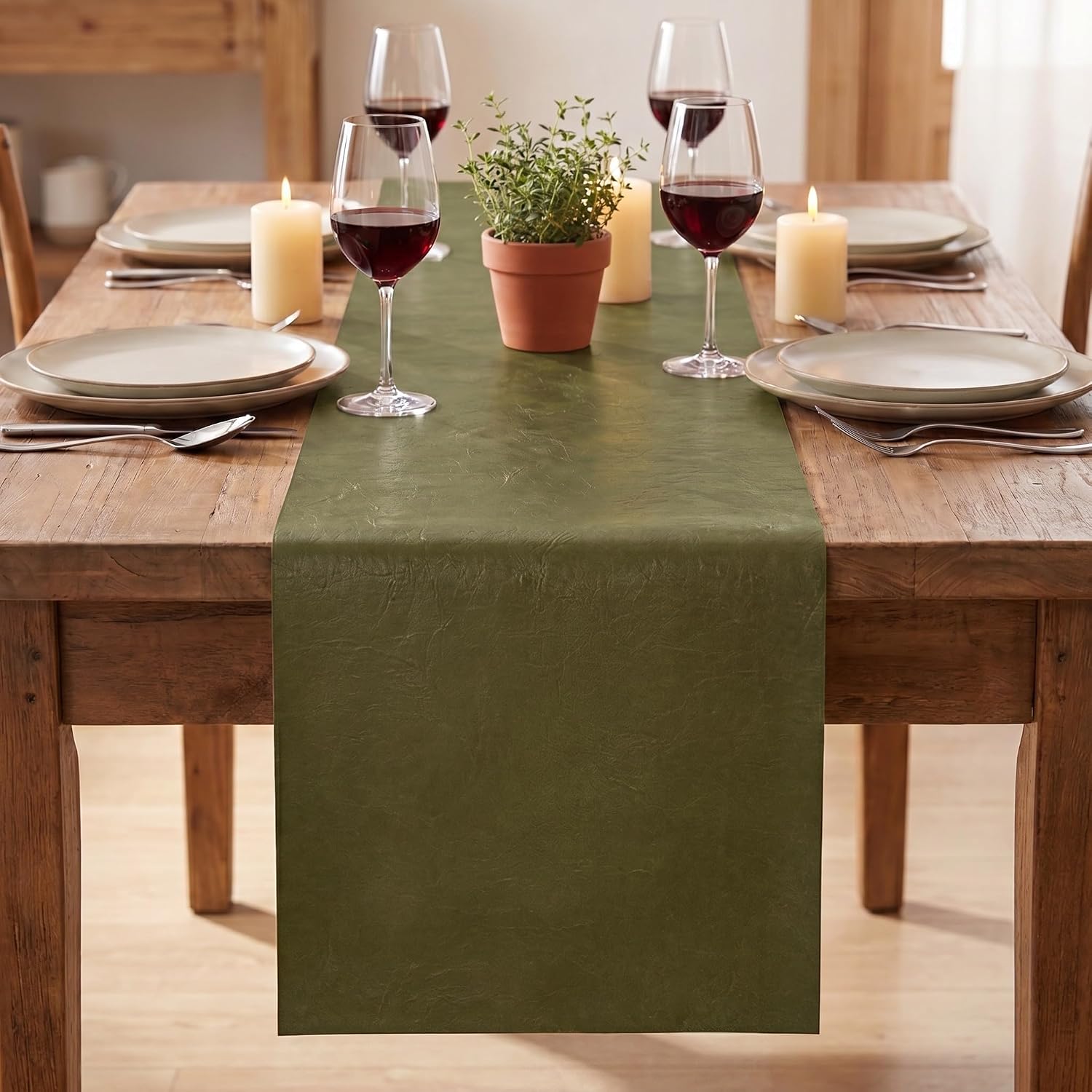 Artoid Mode Olive Green Double Sided Vinyl Faux Leather Table Runner, Seasonal Waterproof Wipeable Heat Resistant Kitchen Dining Table Decoration for Home Party Decor 12x72 Inch image 2