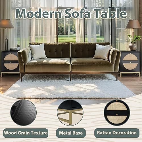 Miniatura 3 de vistavie Mesita de noche de ratán con 2 cajones, mesa auxiliar de madera de ratán tejido, mesa auxiliar rústica con almacenamiento, para sala de