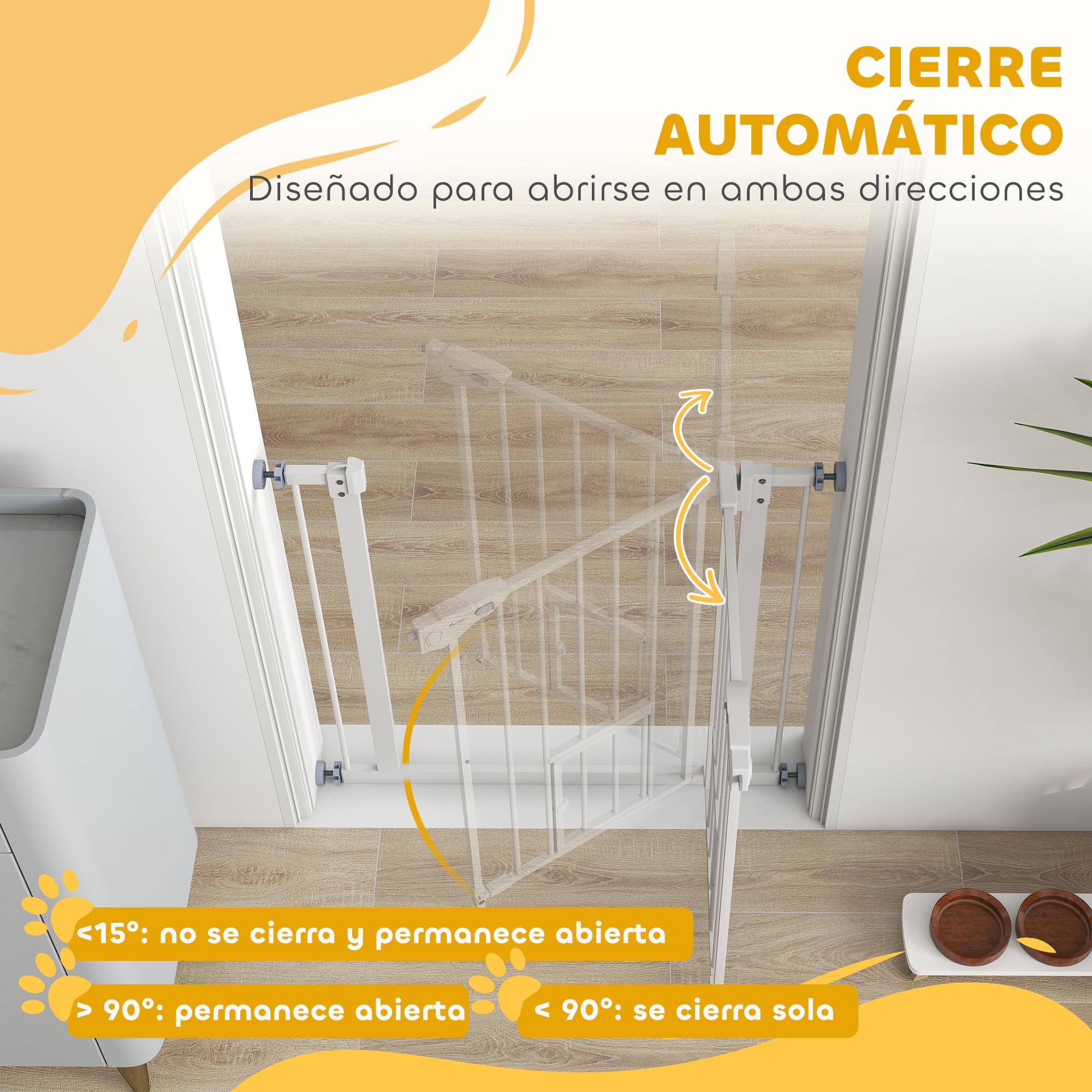 PawHut Barrera de Seguridad para Perros Barrera para Mascotas Extensible con Puerta Pequeño Cierre Automático y Sistema de Doble Bloqueo para Puerta Pasillo Escalera 74-80x76,2 cm Blanco