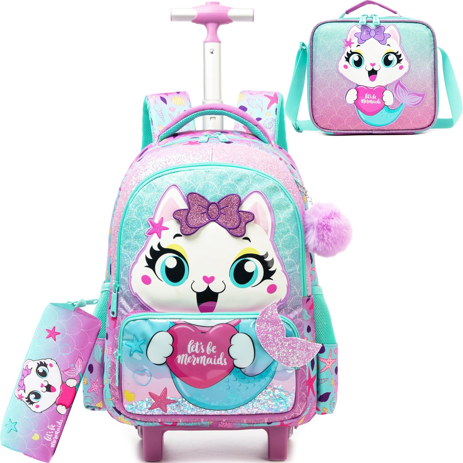 Cute Cat Rolling Backpack with Wheels for Elementary Preschool Students Kids Travel Luggage Carry on Backpack for Girls Ages 6-8